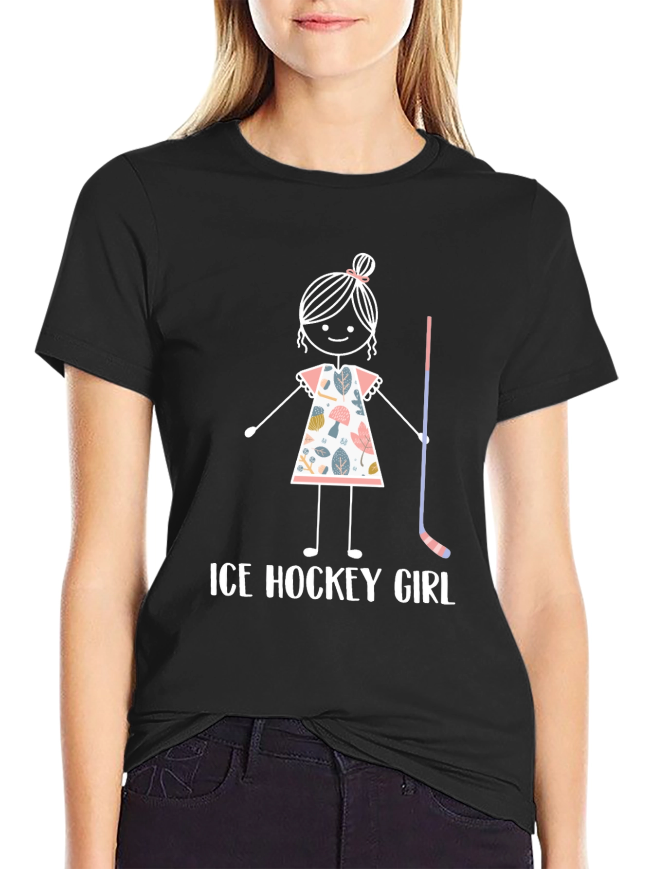 Black Ice Hockey Girl T-Shirt - Cute Stick Figure Design view 2