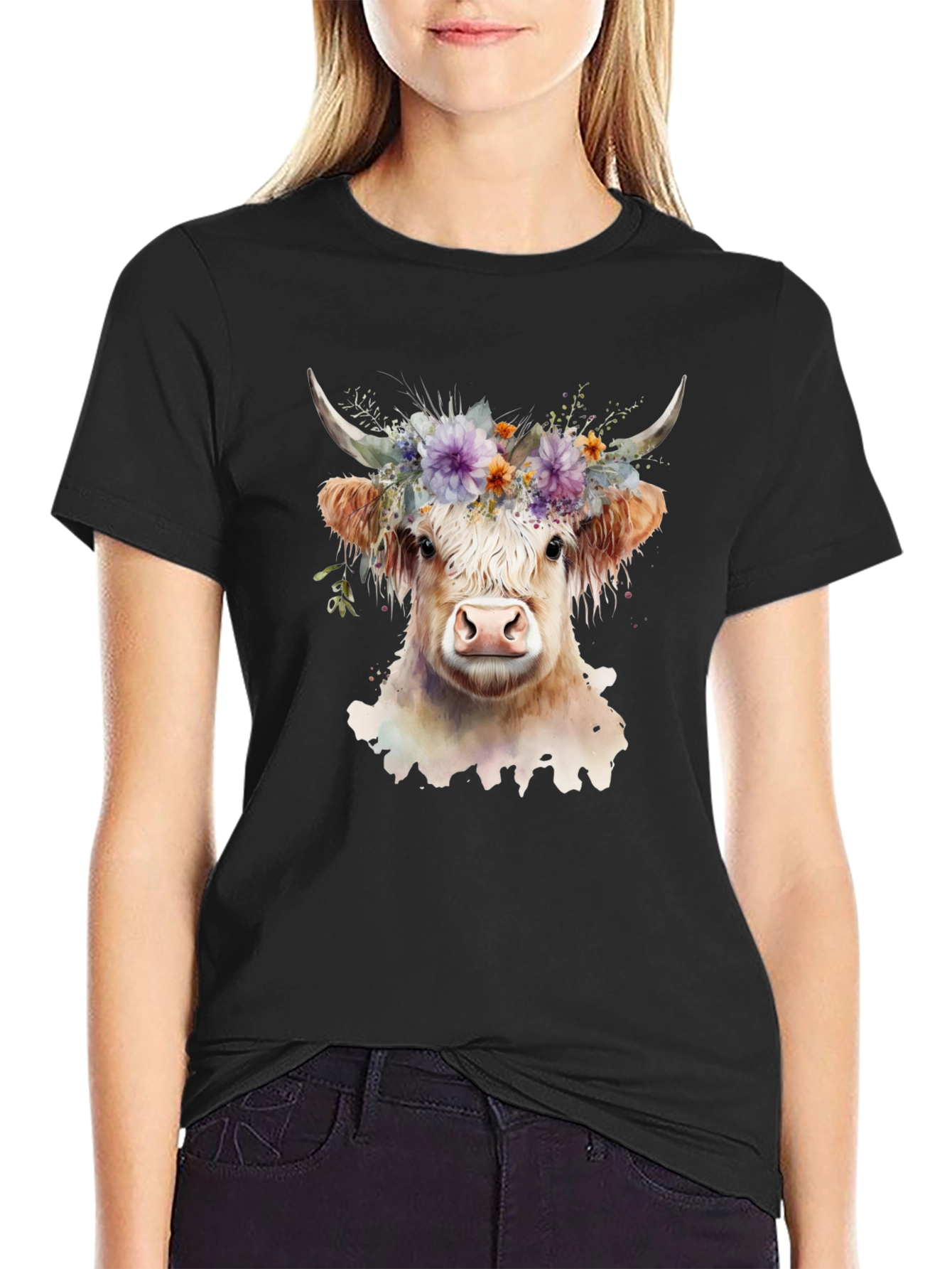Black Floral Cow Graphic Tee - Unisex Soft Cotton view 2