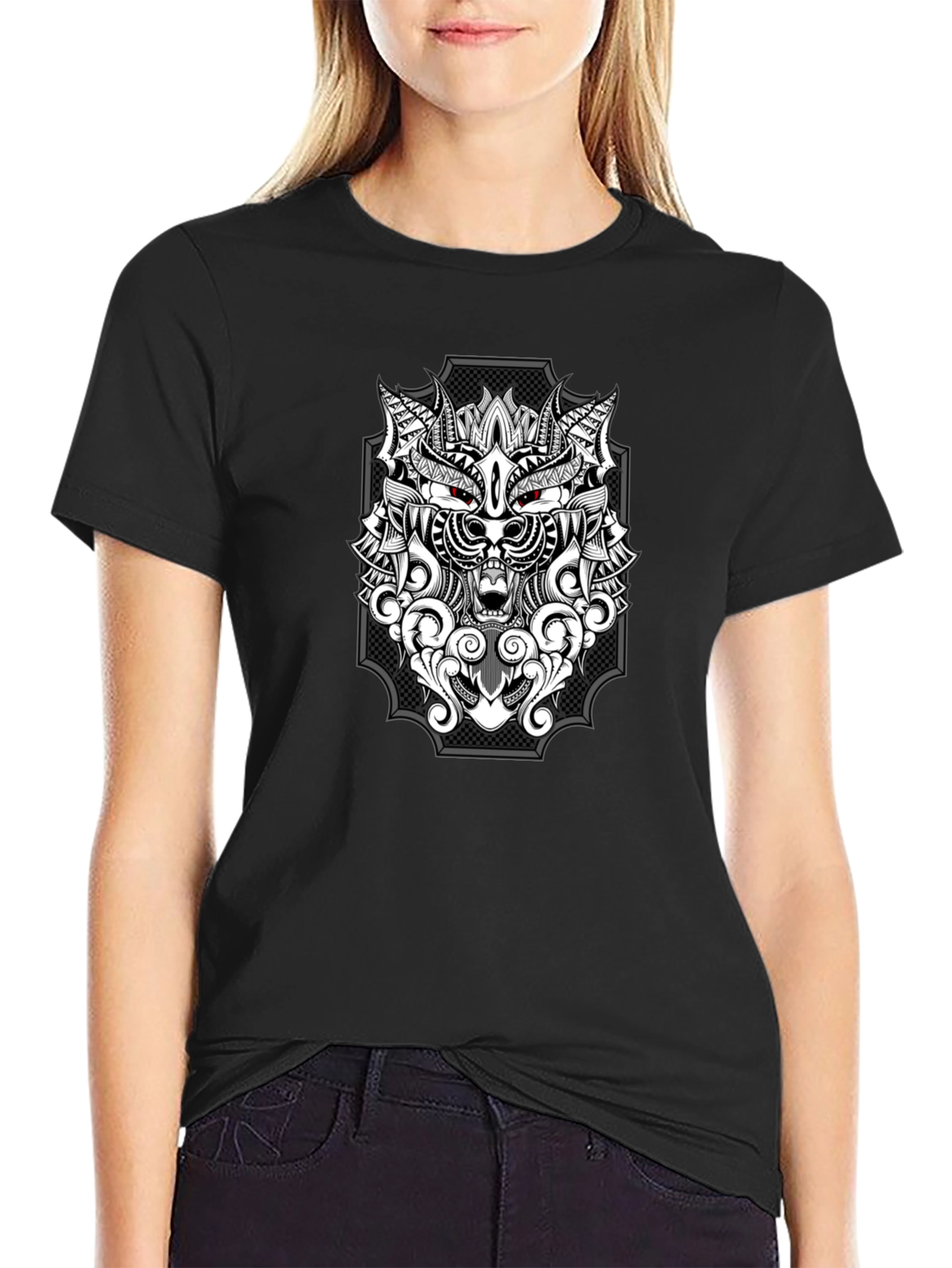 Black Wolf Graphic Print T-Shirt - Black view 2