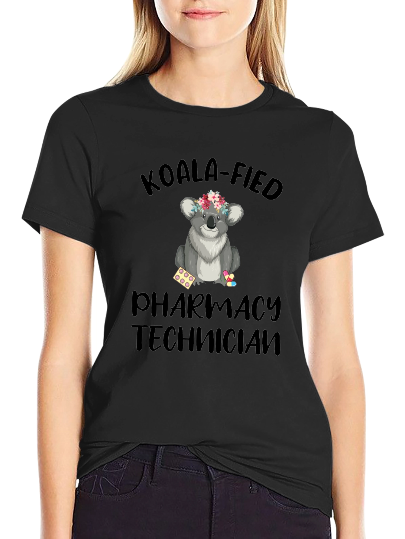 Black Koala-fied Pharmacy Technician Black T-Shirt view 2