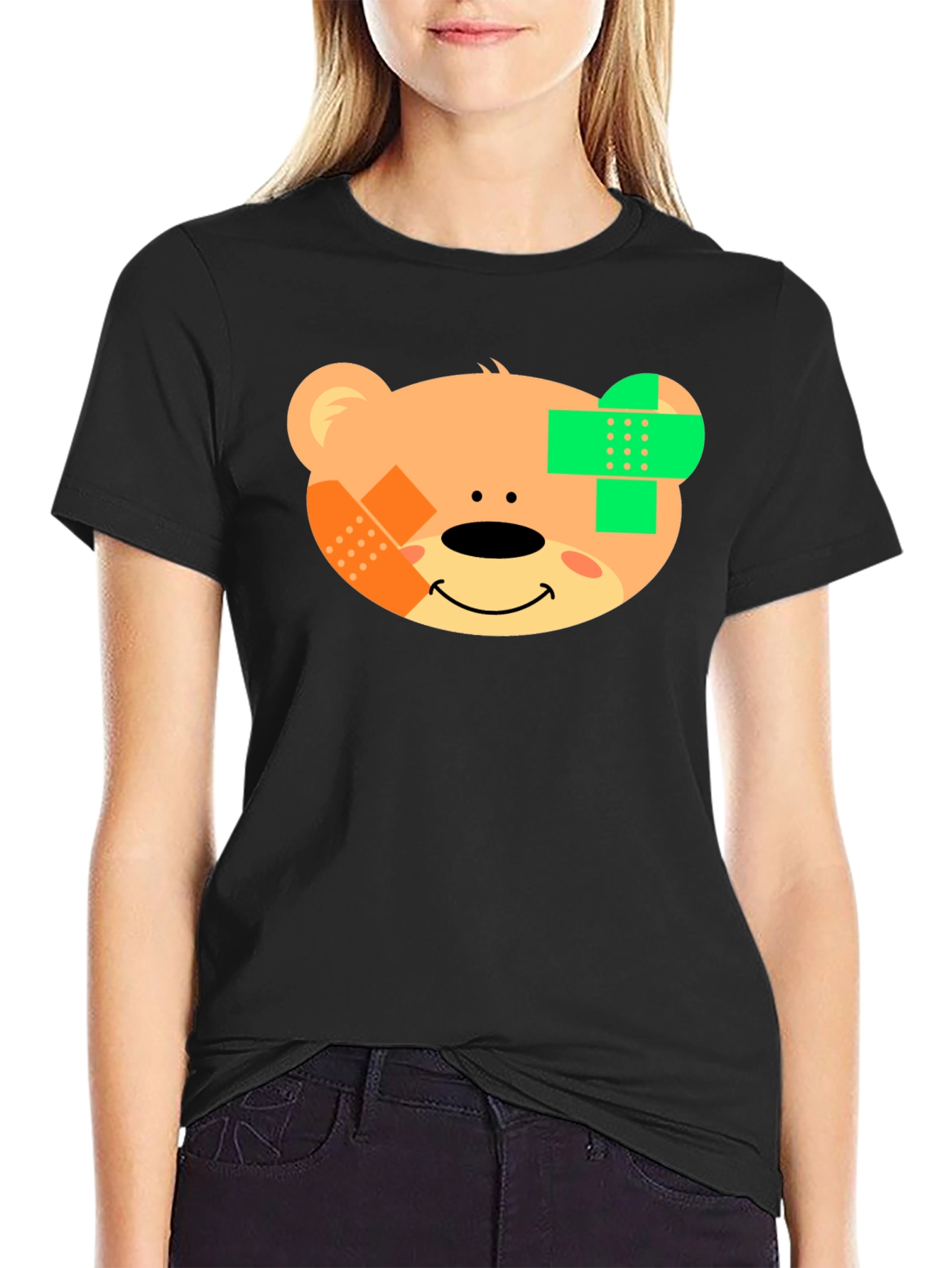 Black Cute Teddy Bear Bandage Black T-Shirt view 2