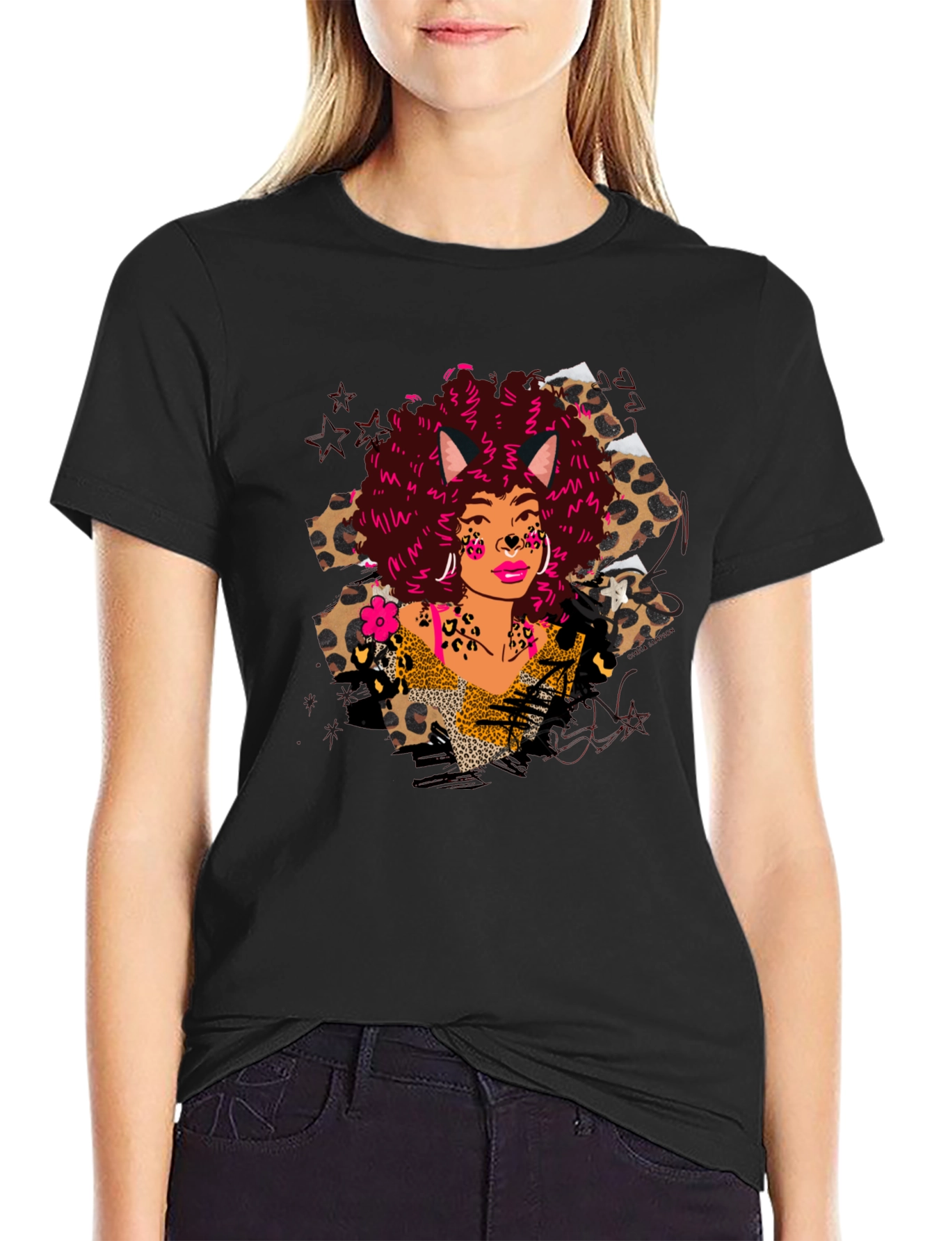 Black Leopard Print T-Shirt with Afro Cat Lady Design view 2