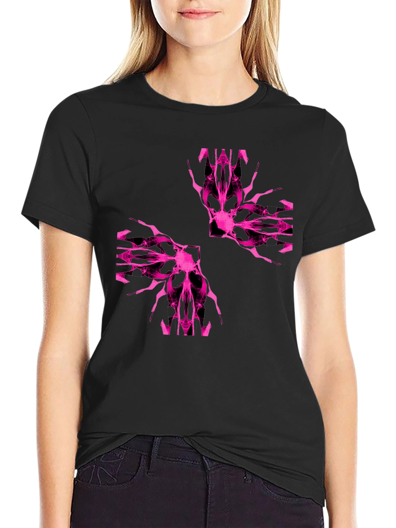 Black Abstract Pink Graphic Print Black T-Shirt view 2