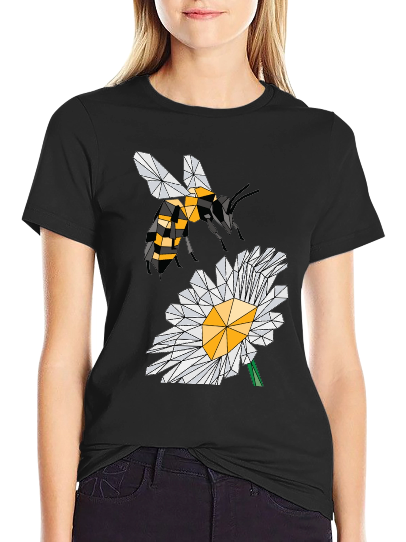 Black Geometric Bee & Daisy Black T-Shirt view 2