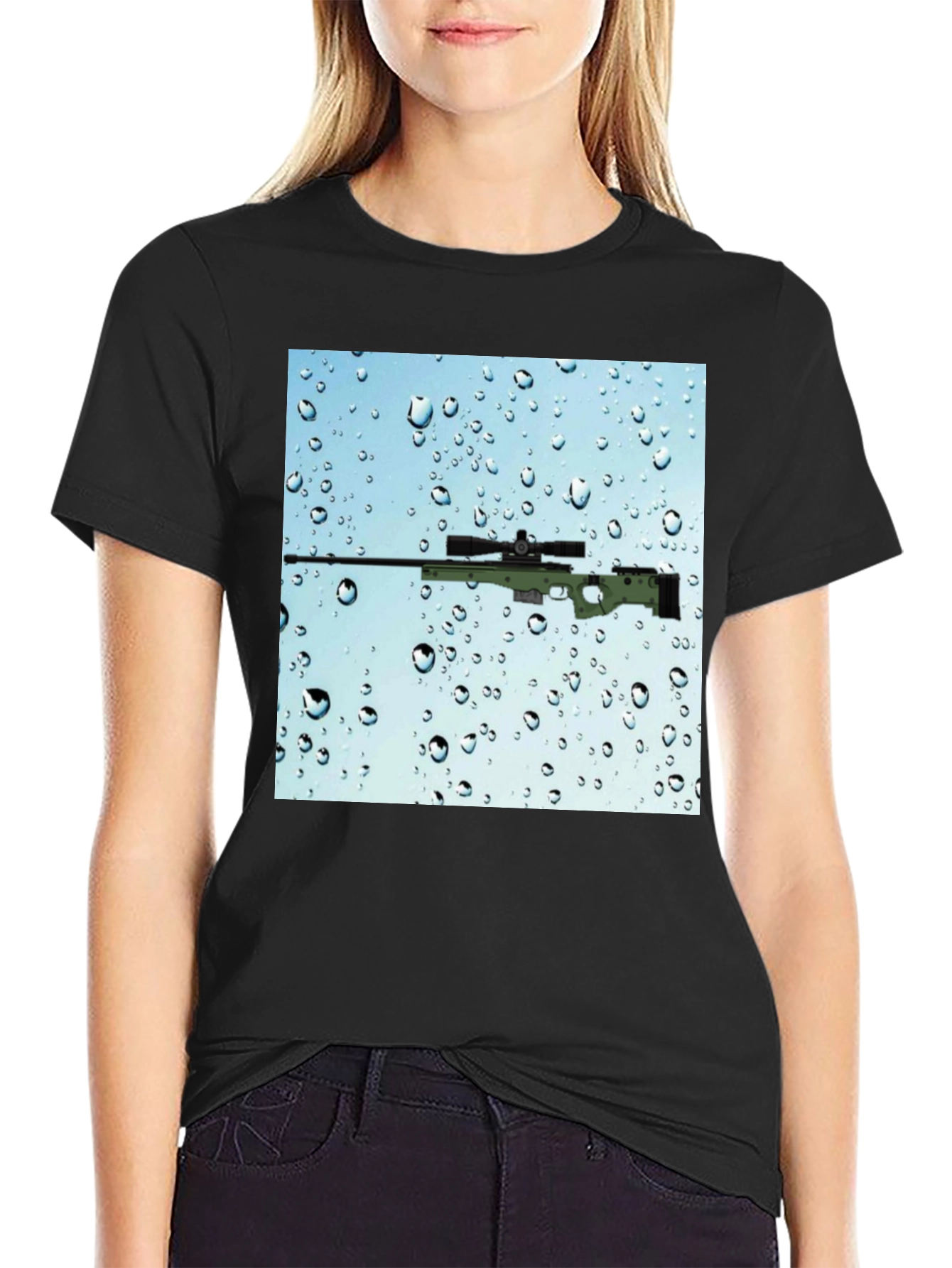 Black Gun on Rainy Window T-Shirt - Cool Graphic Tee view 2
