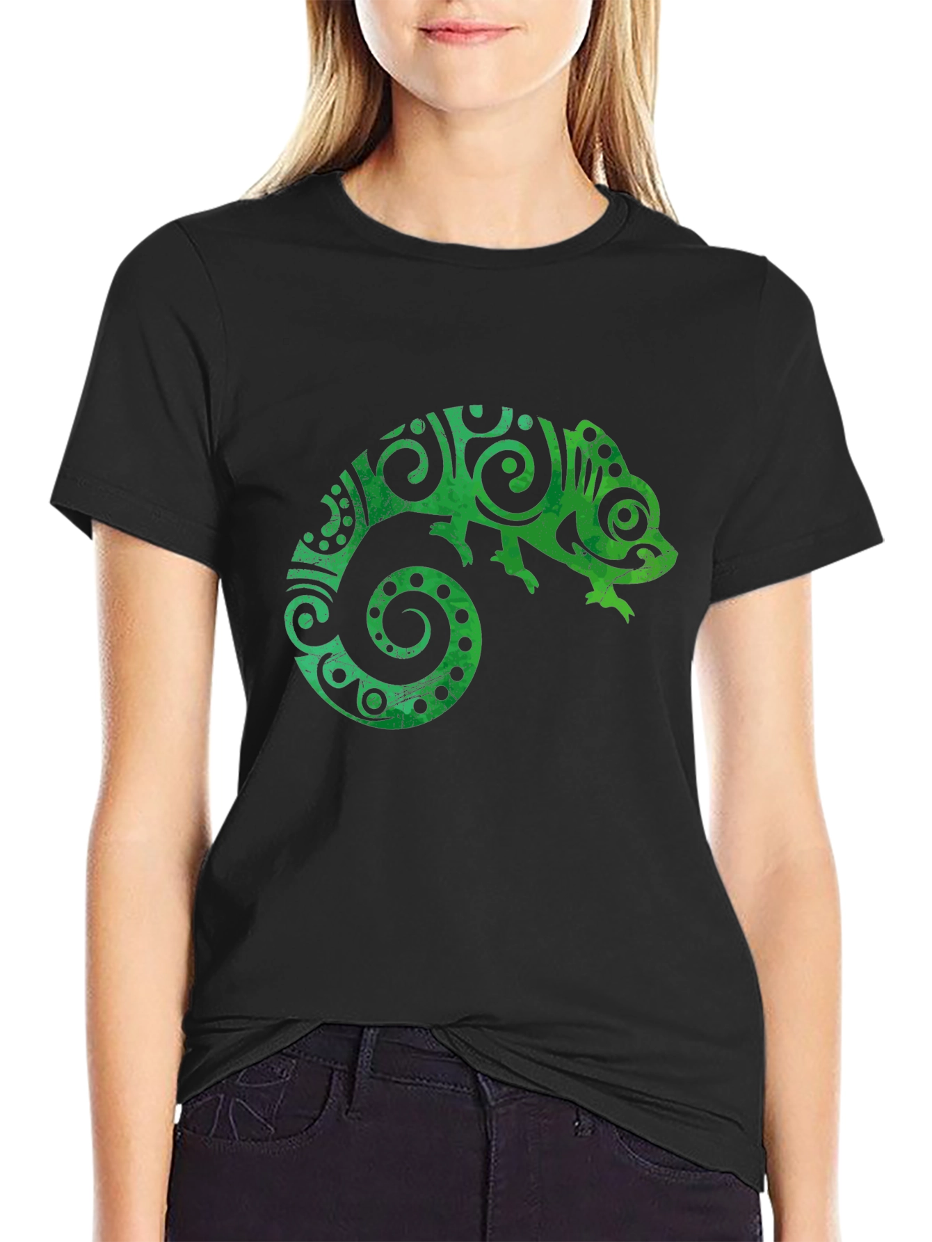 Black Tribal Chameleon Graphic Tee - Black Unisex T-Shirt view 2