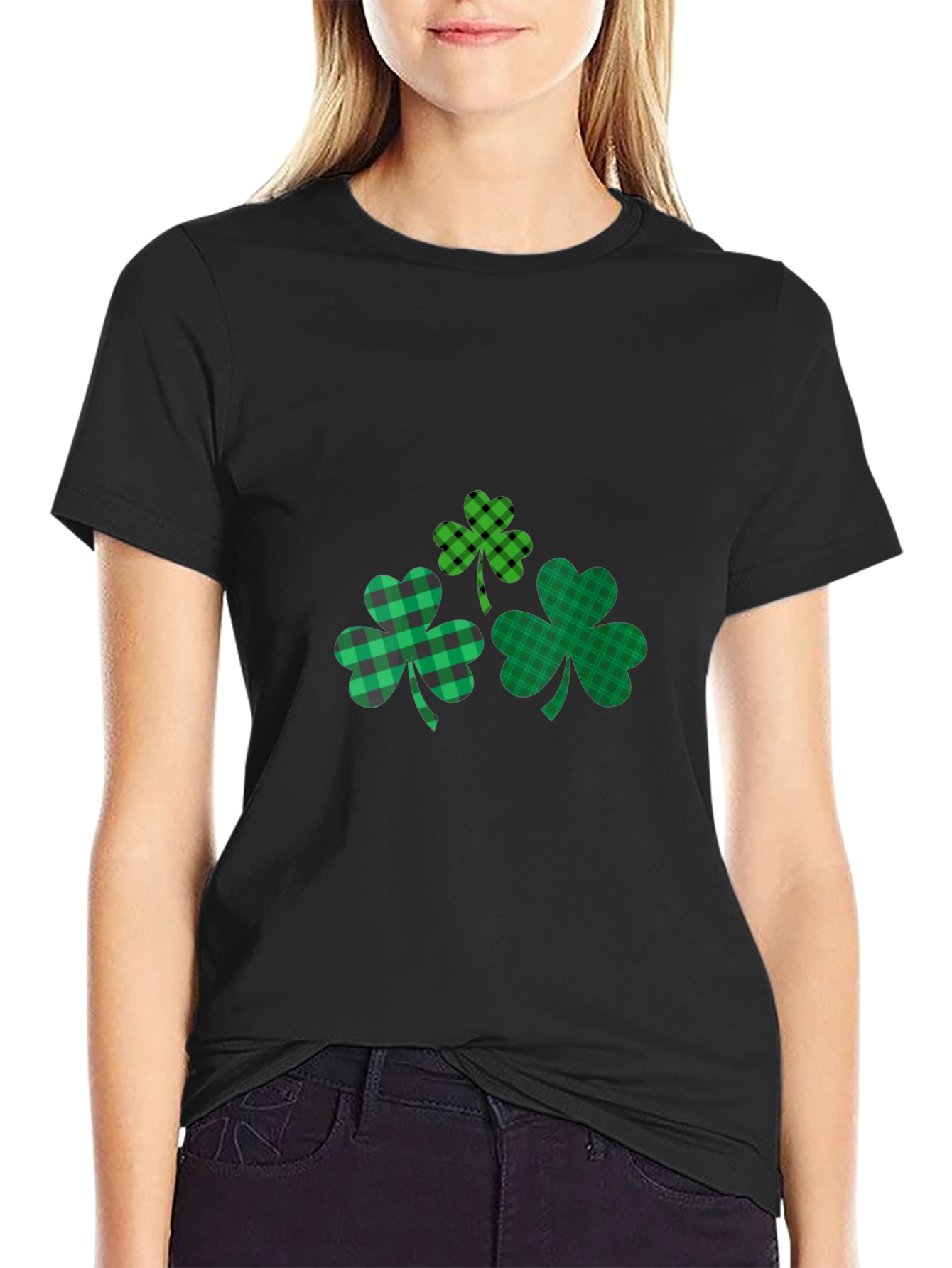 Black St. Patrick's Day Shamrock Plaid T-Shirt view 2
