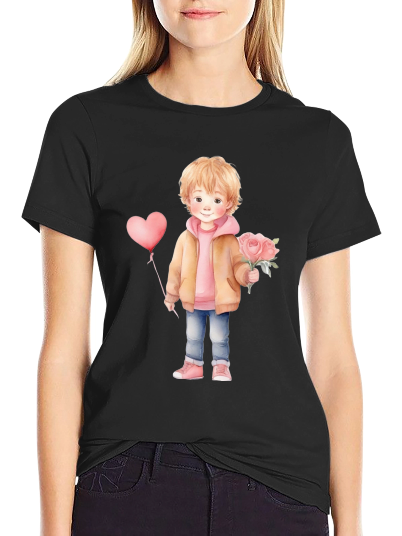 Black Cute Boy with Flowers and Balloon T-Shirt view 2