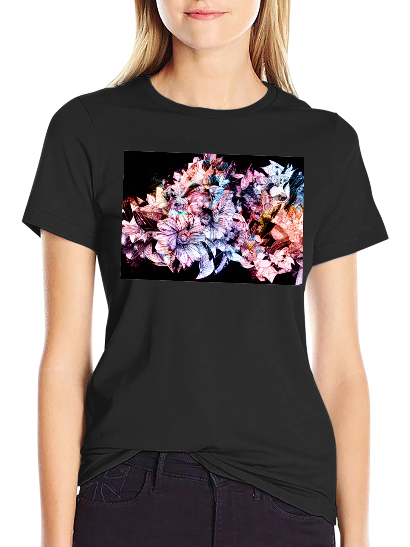 Black Floral Design Black T-Shirt view 2