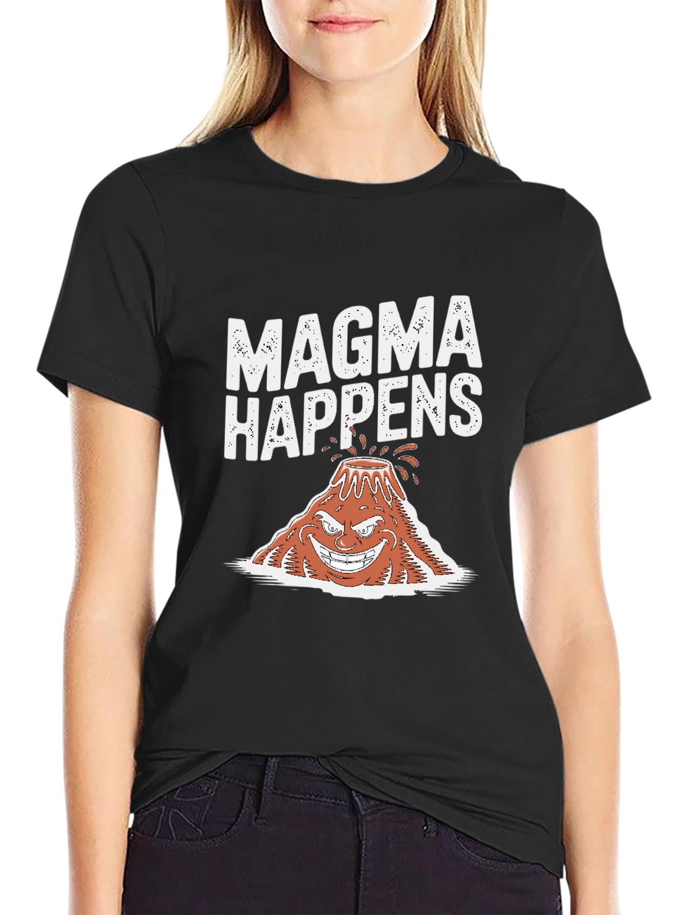 Black Magma Happens Funny Volcano Graphic Black T-Shirt view 2