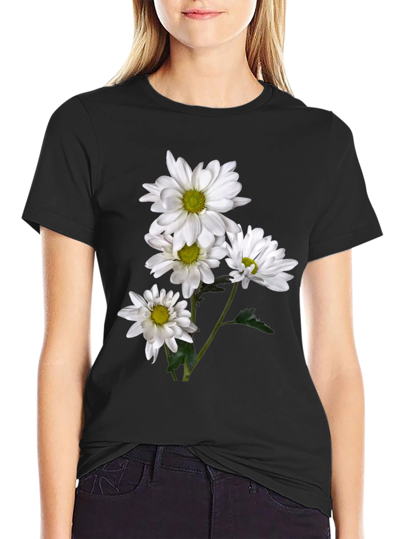 Black Floral Print Crew Neck T-Shirt view 2