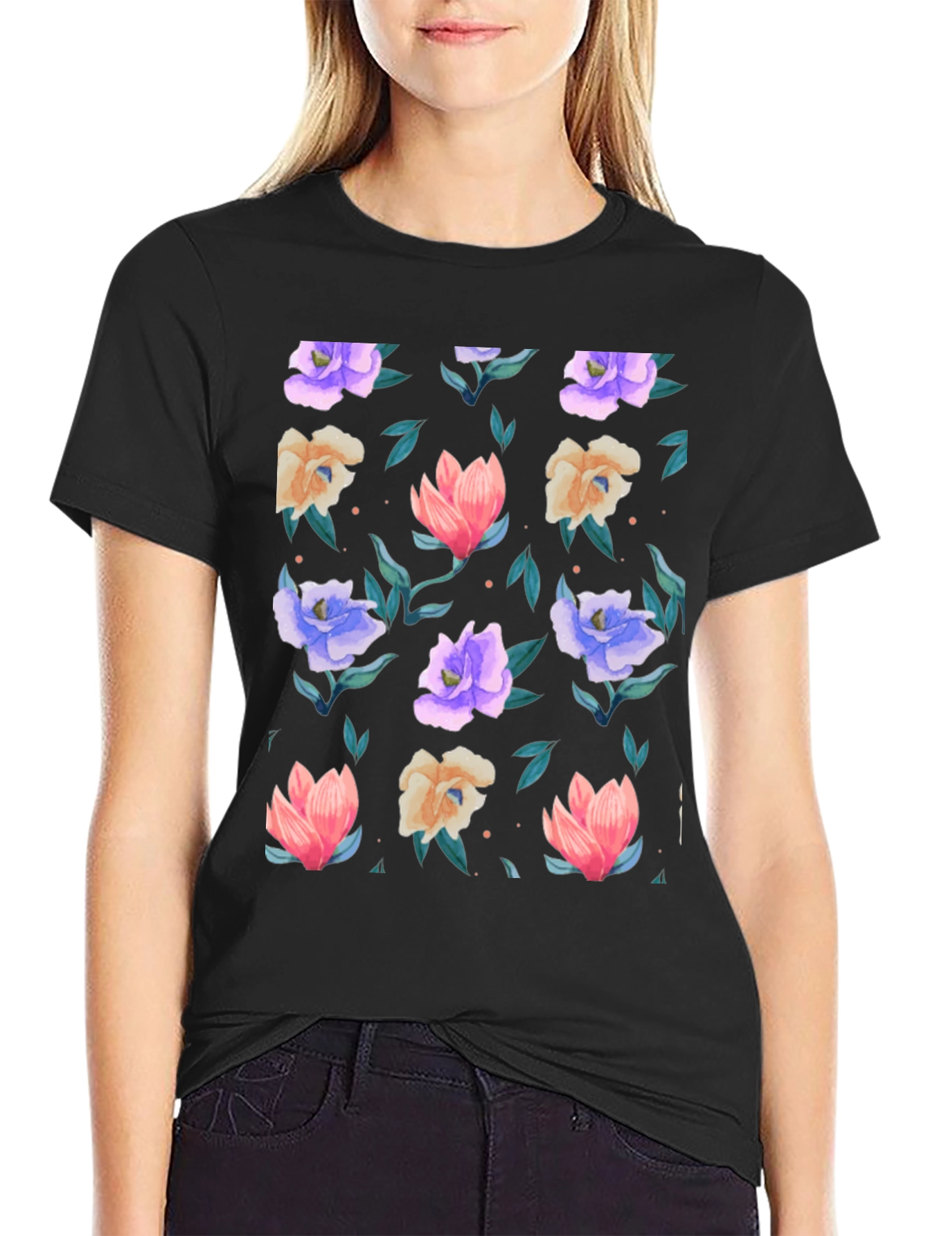 Black Floral Print T-Shirt - Black - Vibrant Blooms view 2