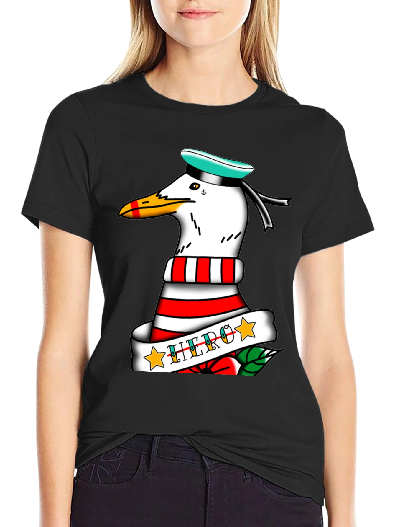 Black Seagull Sailor "Hero" Tattoo Style Graphic Tee - Black view 2