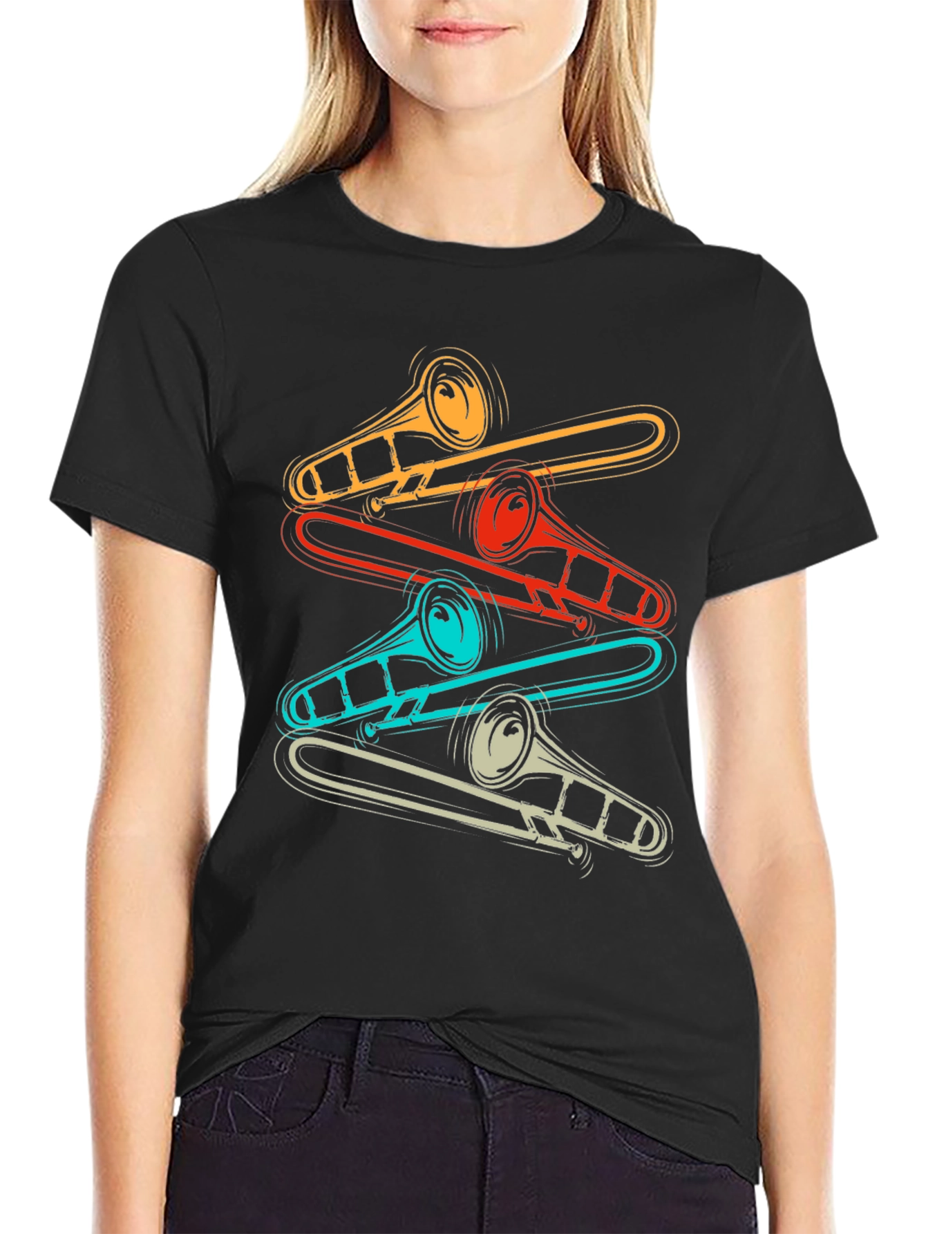 Black Retro Trombone Music Lover T-Shirt view 2
