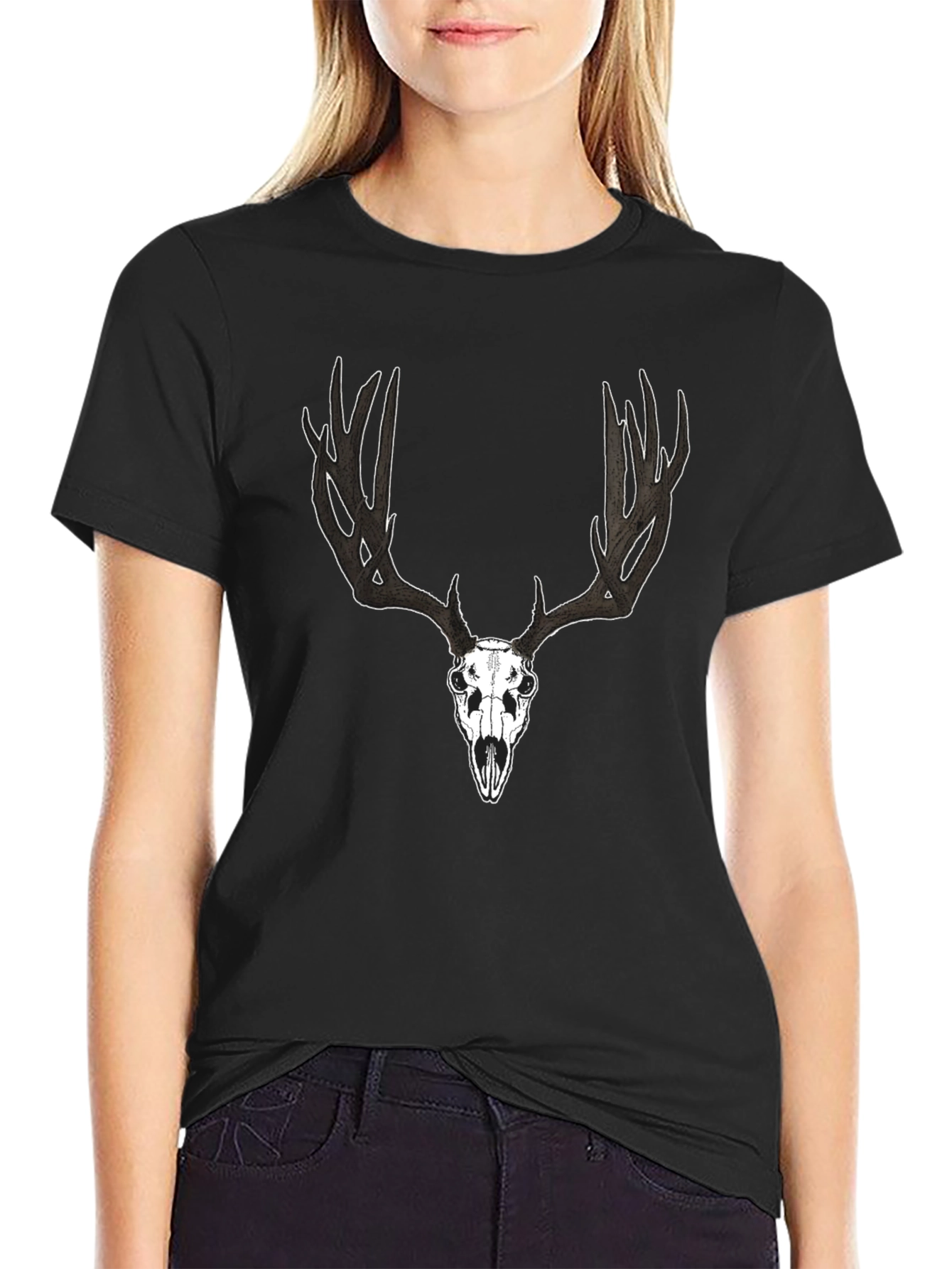 Black Deer Skull Graphic Black T-Shirt view 2