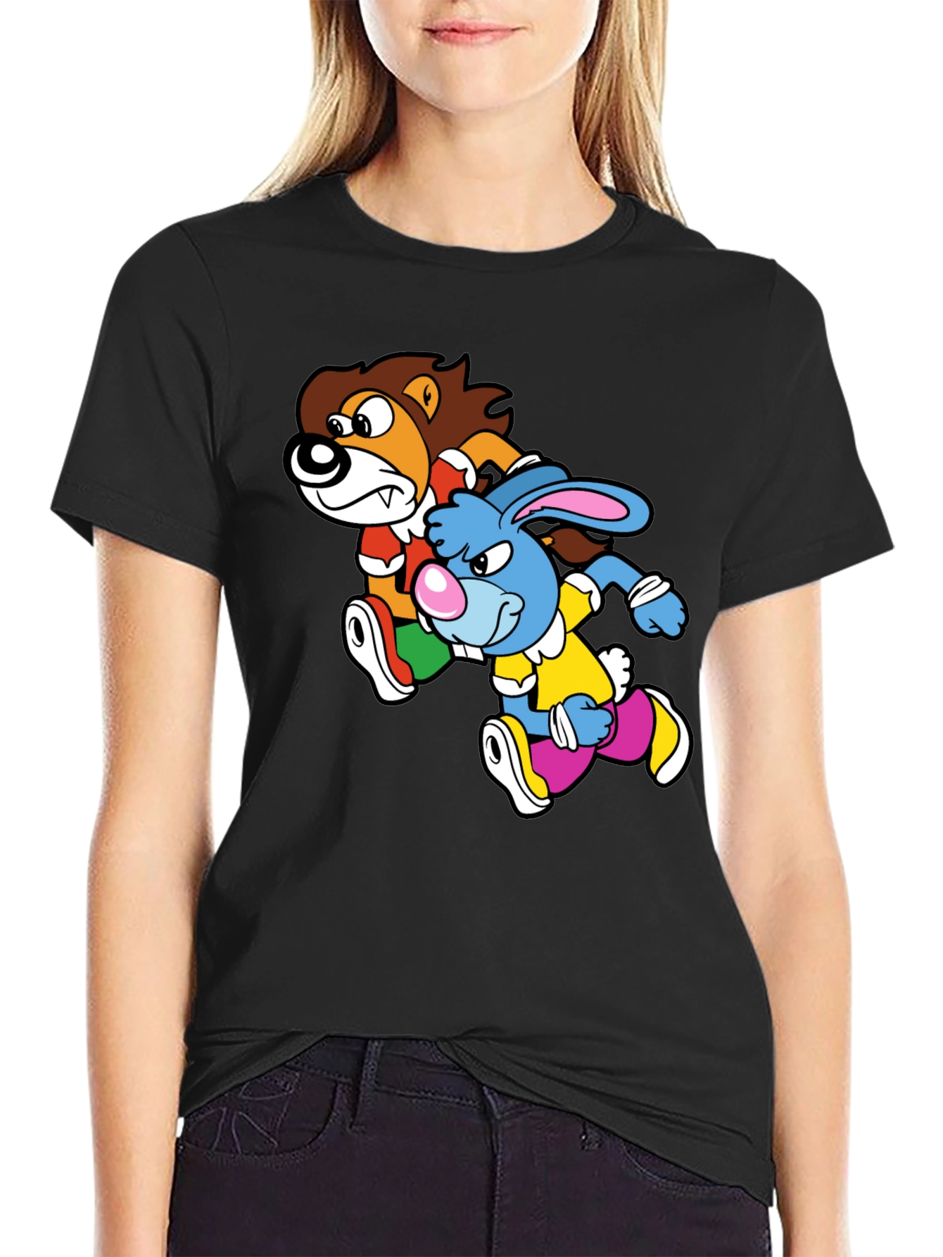 Black Lion and Rabbit Cartoon Graphic Black T-Shirt view 2