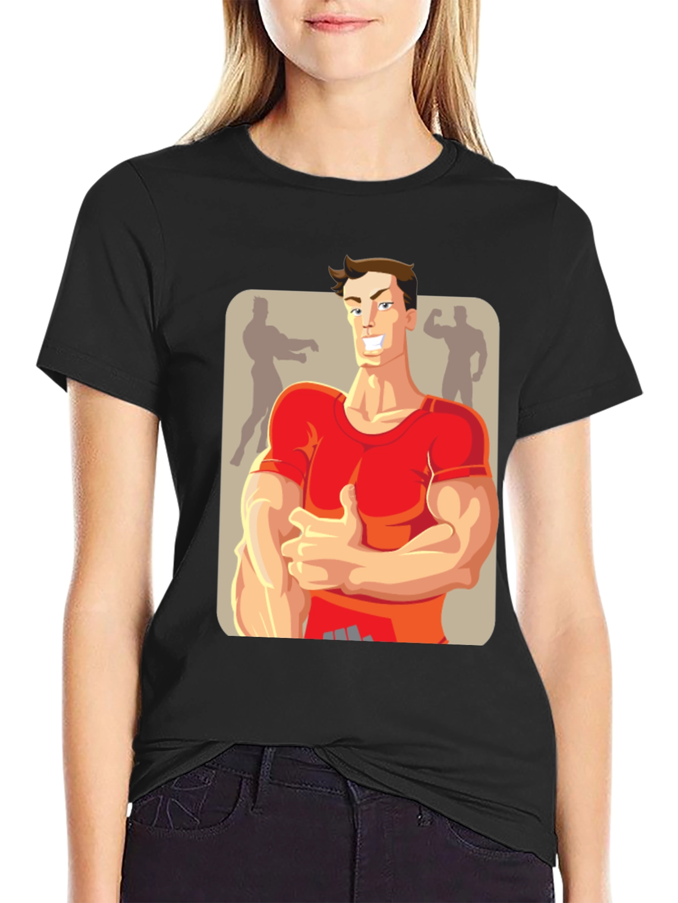 Black Bodybuilder Cartoon Graphic T-Shirt view 2