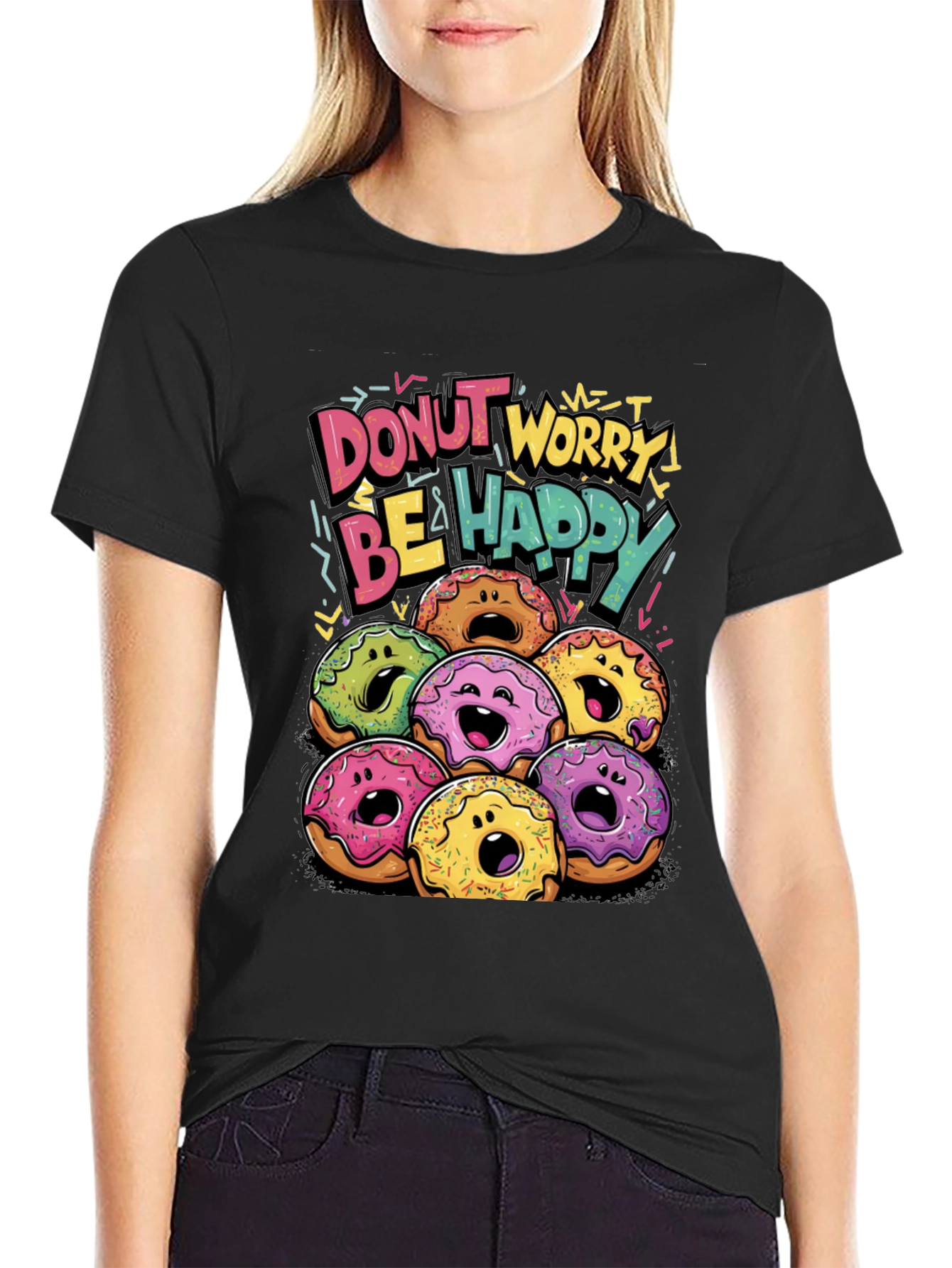Black Donut Worry Be Happy Graphic T-Shirt view 2