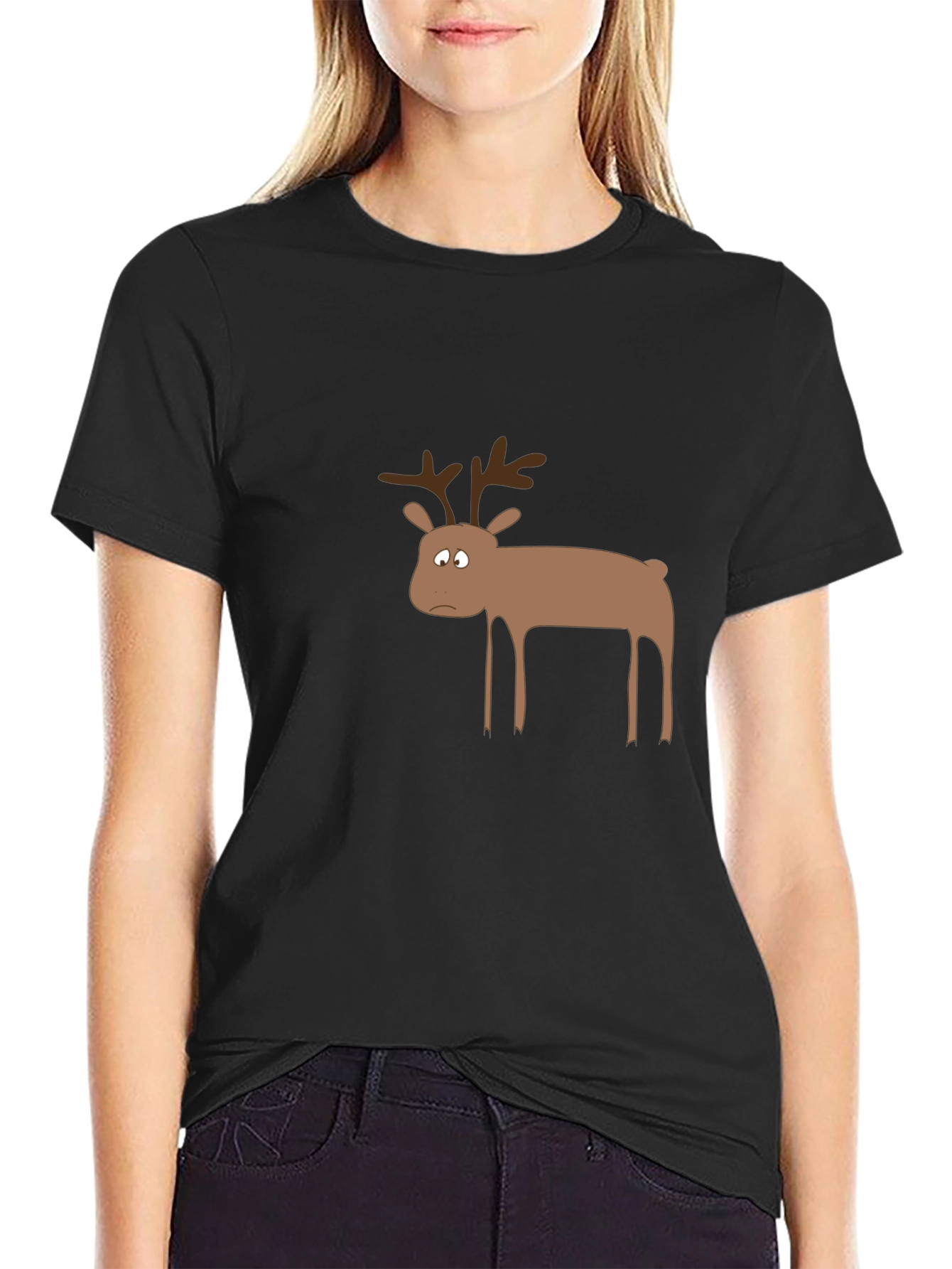 Black Funny Sad Reindeer Graphic Tee - Black view 2