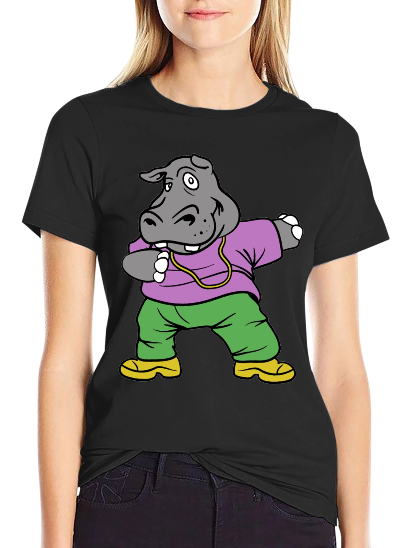 Black Dabbing Hippo Graphic Tee - Cool Cartoon Shirt view 2
