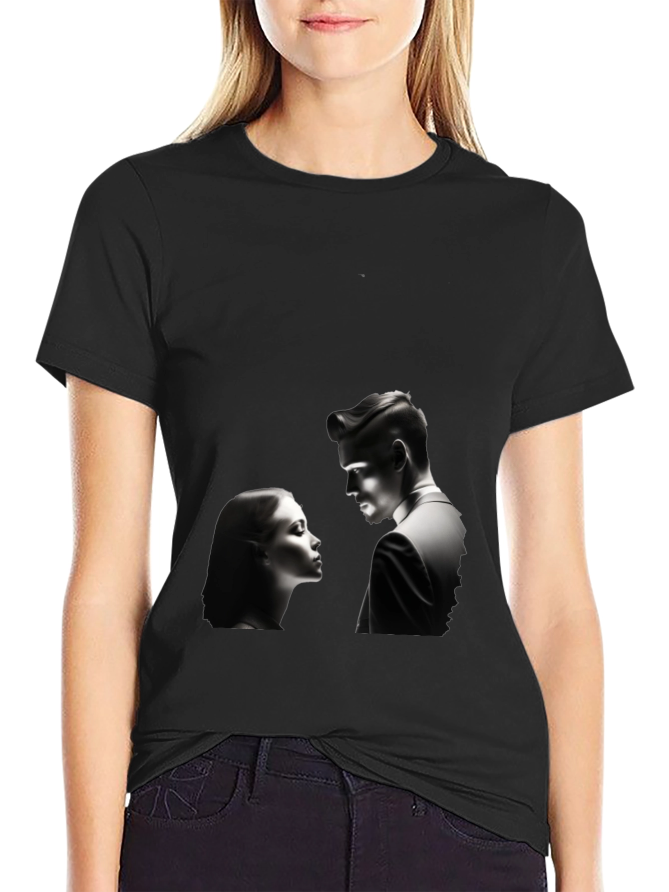 Black Romantic Black T-Shirt: Silhouette Couple Design view 2