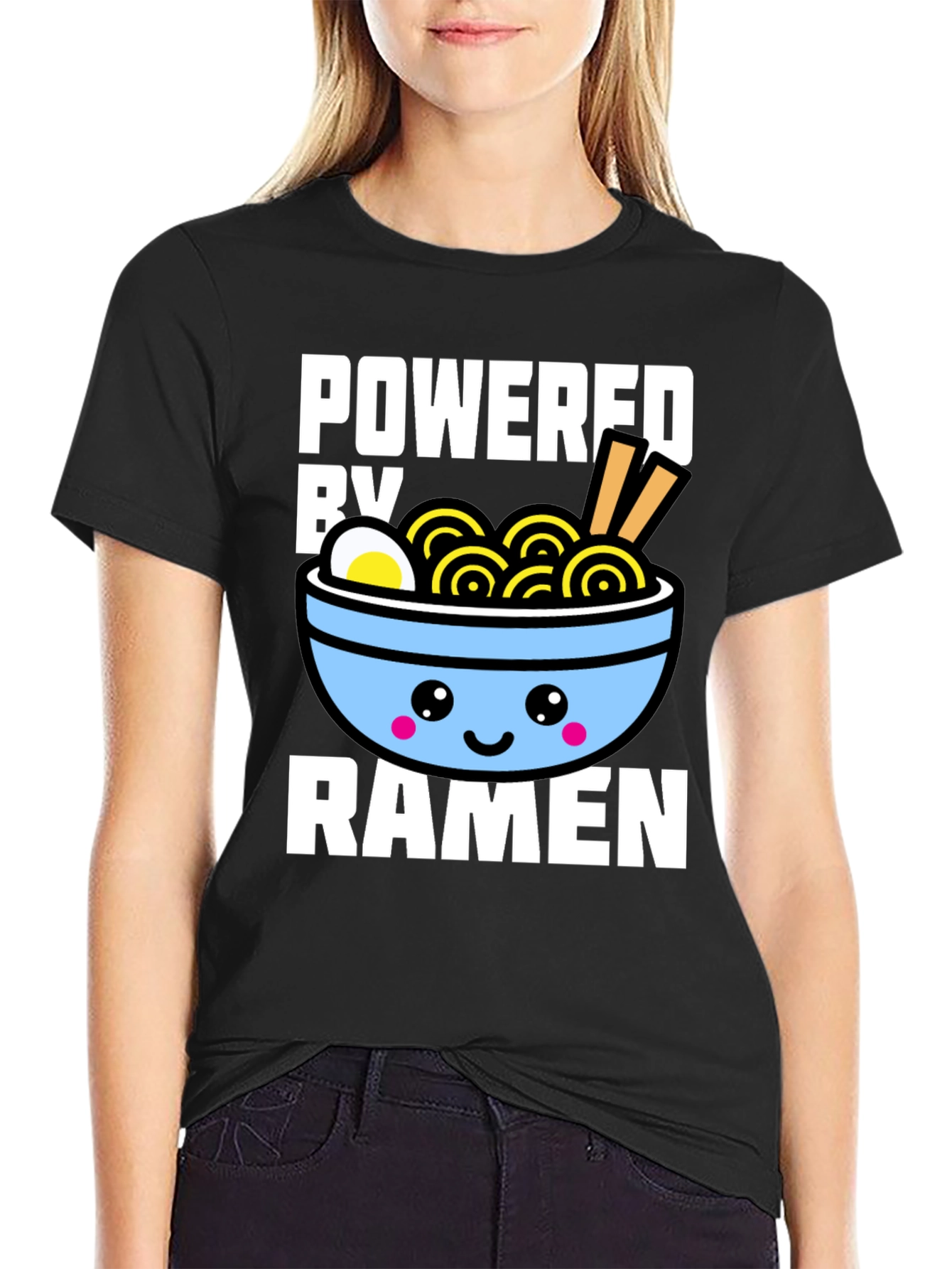 Black Powered By Ramen T-Shirt - Kawaii Noodle Bowl Graphic Tee view 2