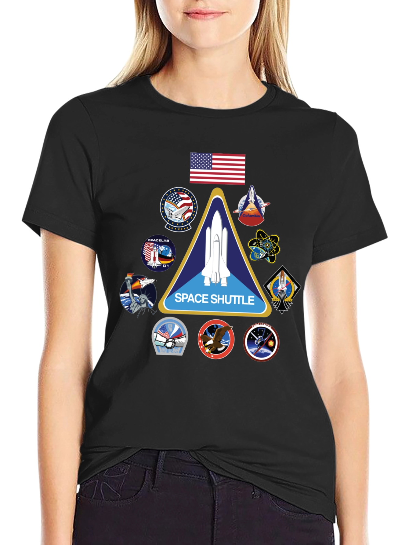 Black Space Shuttle Mission Patches Black T-Shirt view 2