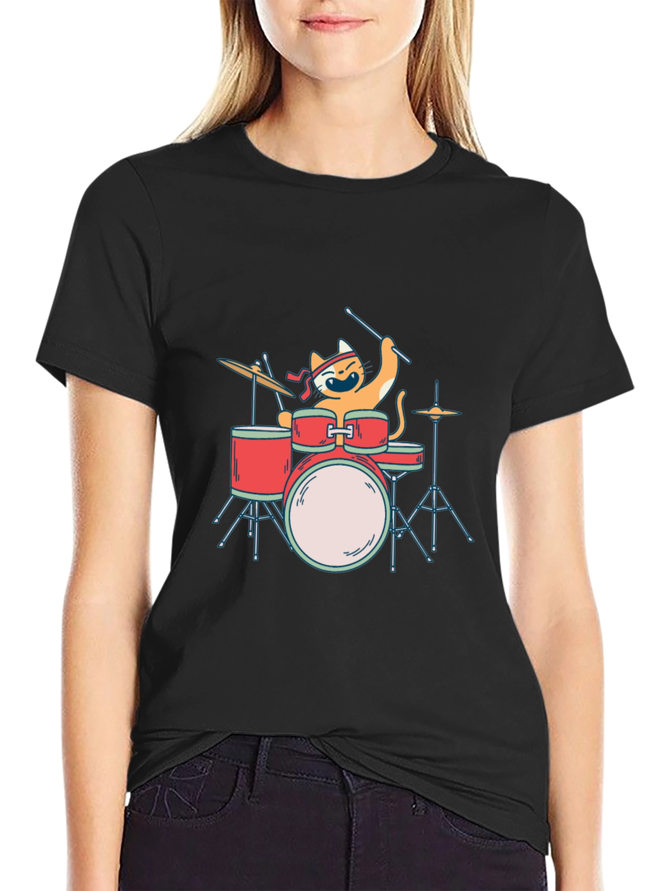 Black Cat Drummer T-Shirt - Playful Music Lover Tee view 2