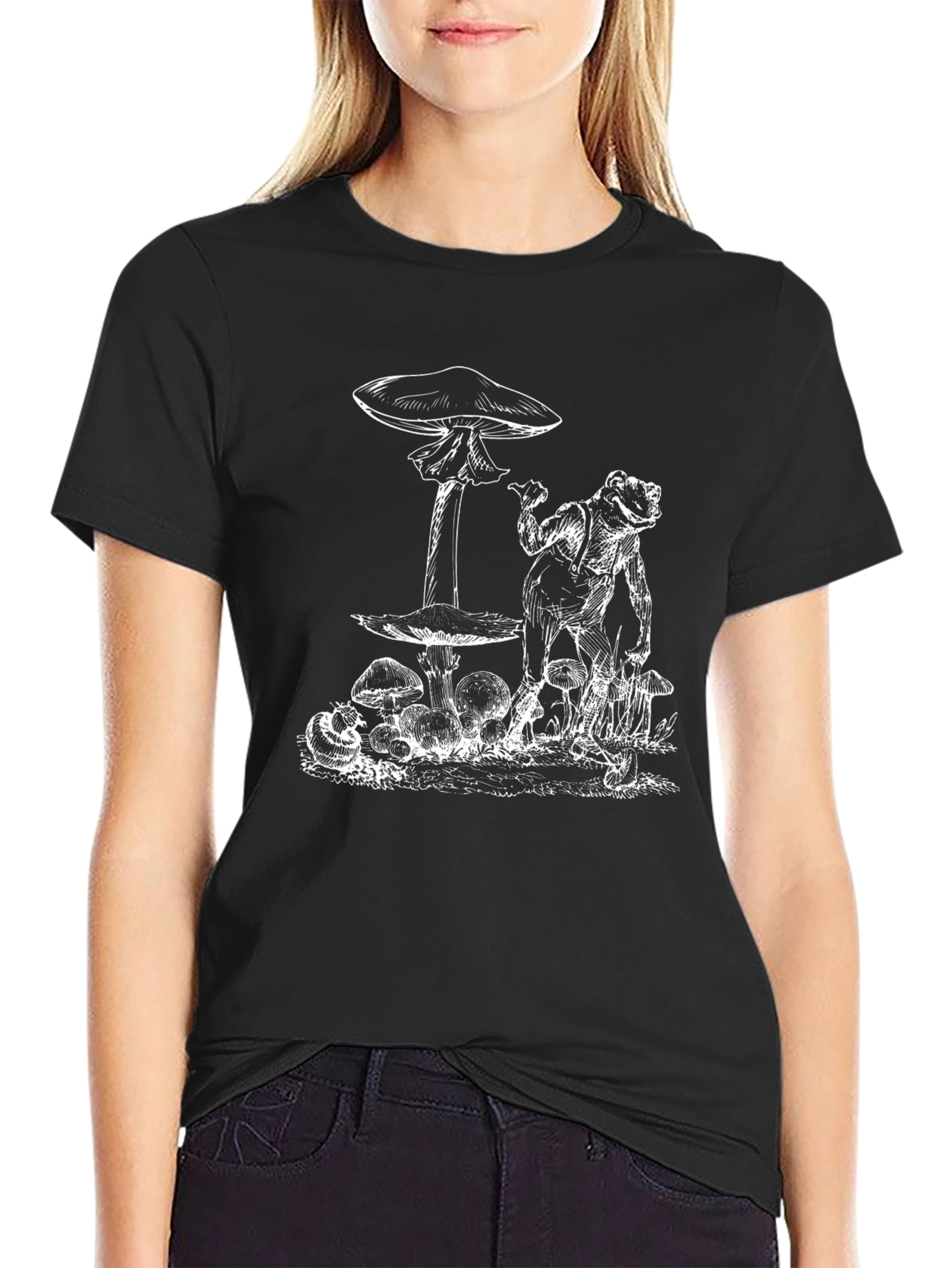 Black Frog and Mushroom Graphic Tee - Black Cotton Blend view 2