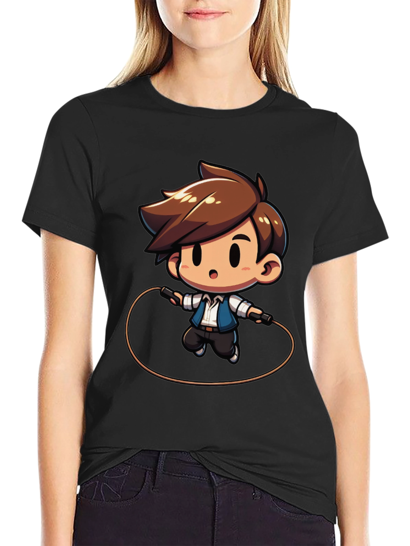 Black Cartoon Boy Jumping Rope Black T-Shirt view 2