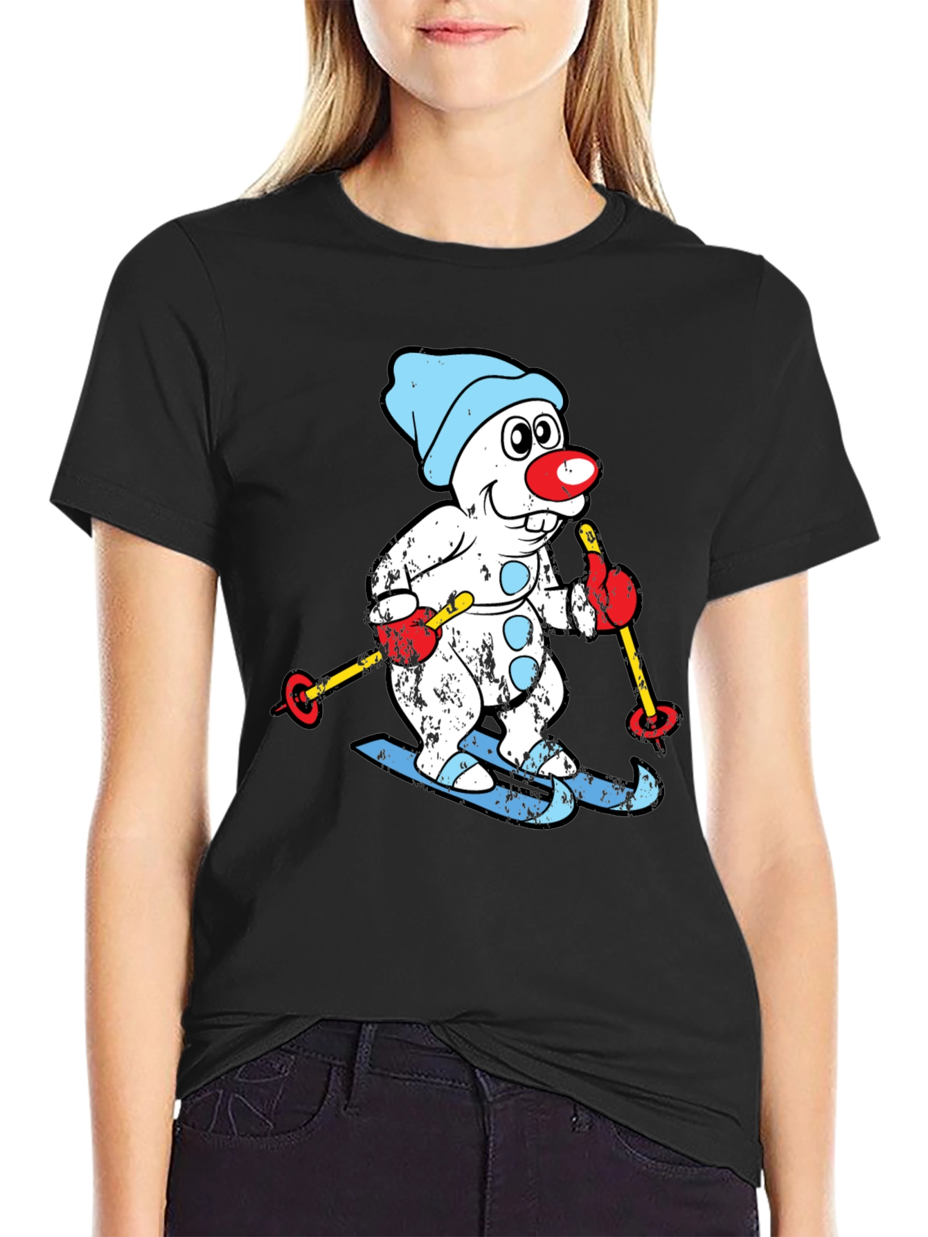 Black Skiing Snowman T-Shirt - Winter Fun view 2