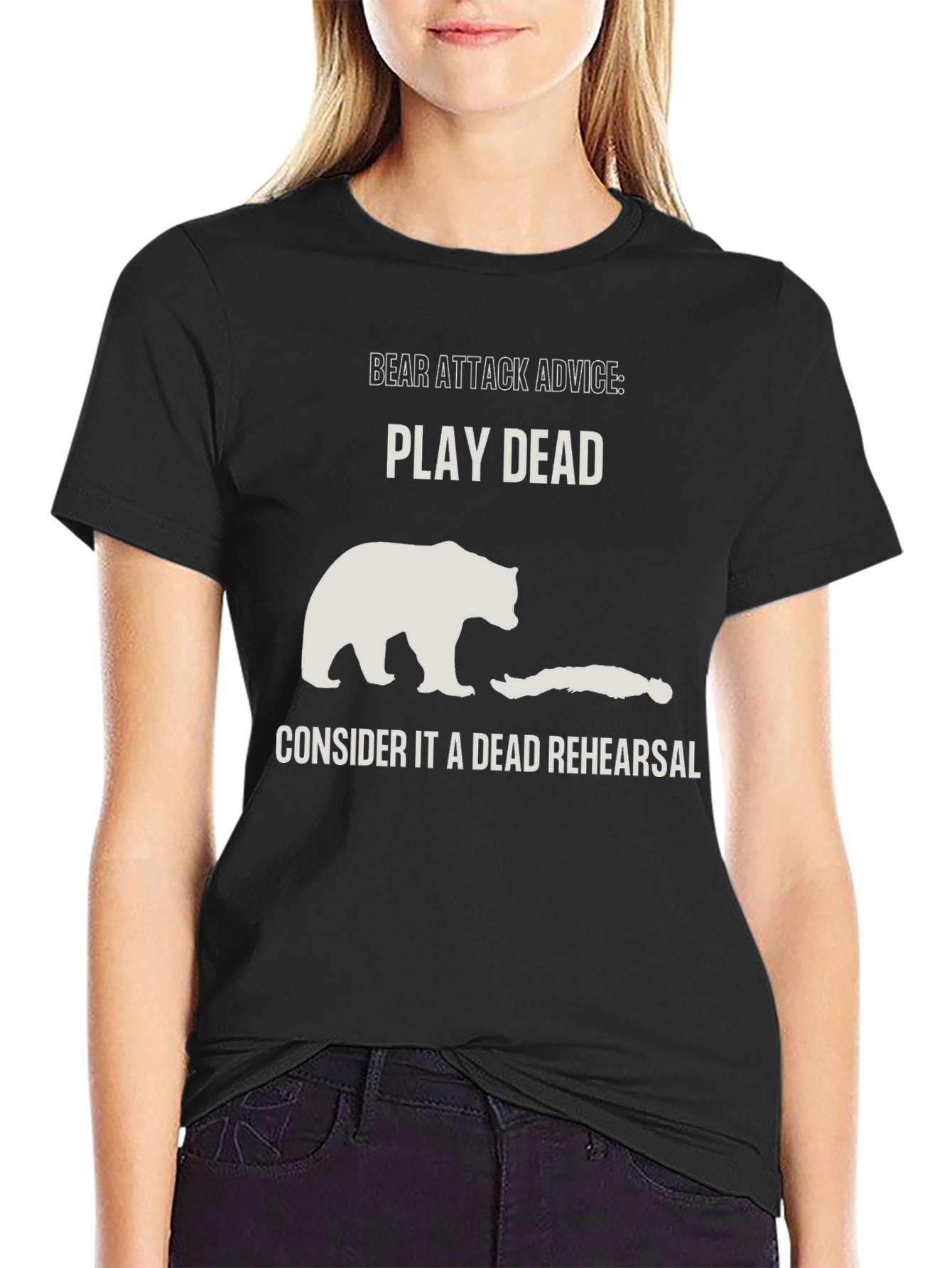 Black Bear Attack Advice T-Shirt - Play Dead Rehearsal view 2