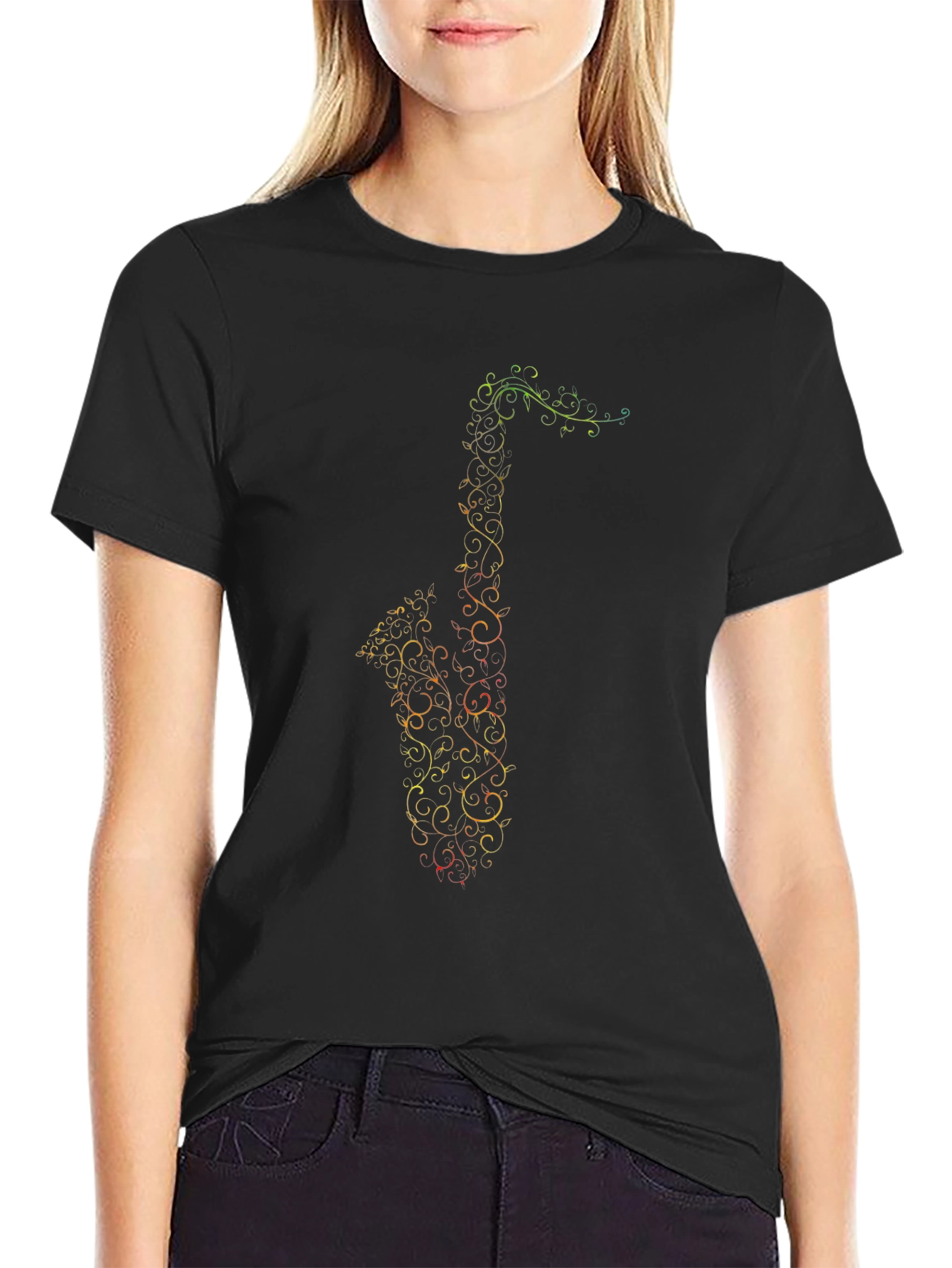 Black Saxophone Music Notes Graphic Tee - Black view 2