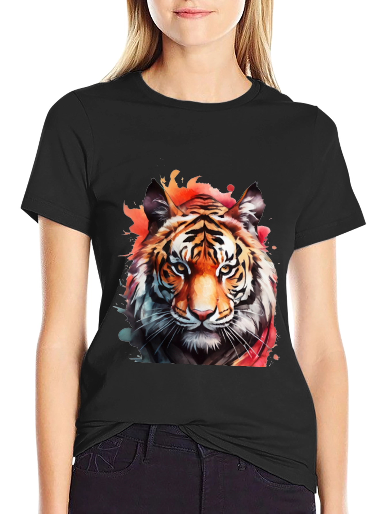 Black Watercolor Tiger Graphic Black T-Shirt view 2