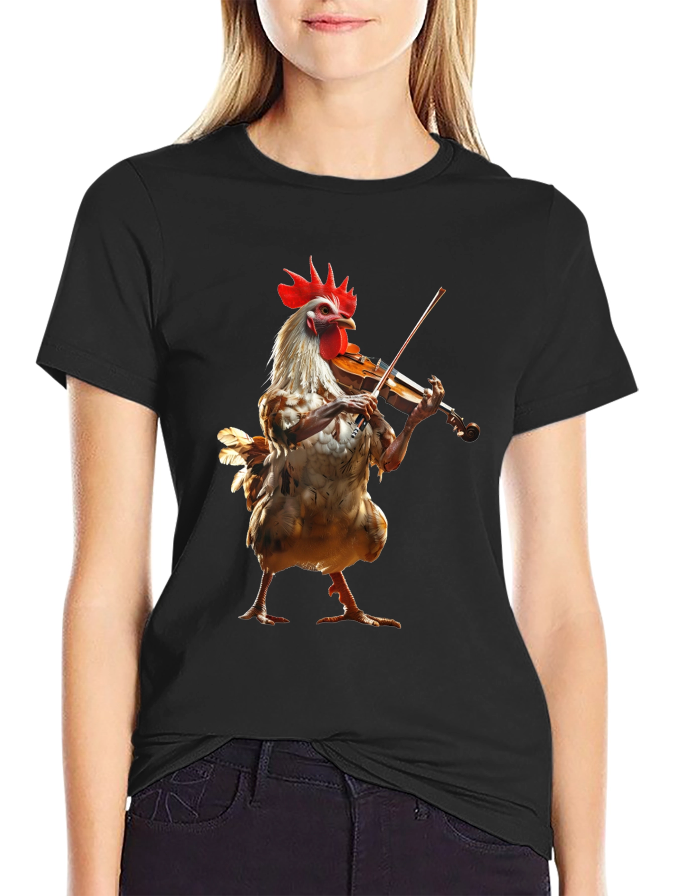 Black Chicken Playing Violin Graphic Tee view 2