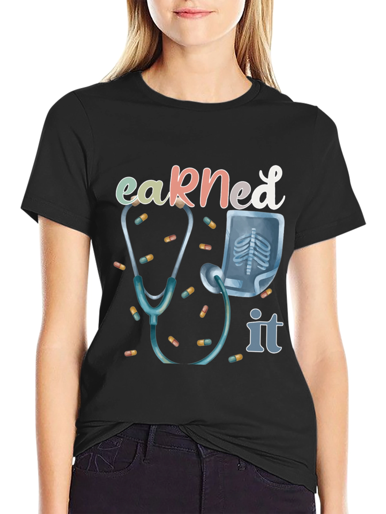 Black Earned It Doctor T-Shirt - Stethoscope & X-Ray Graphic view 2