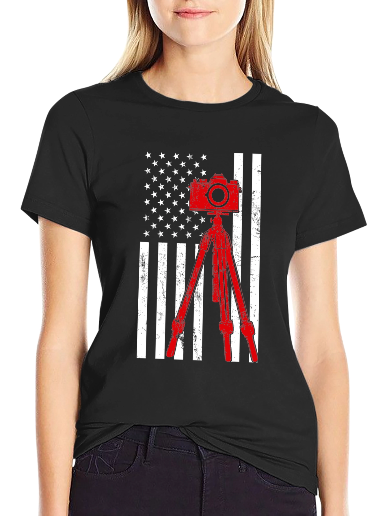 Black Patriotic Photographer T-Shirt - Camera & American Flag view 2