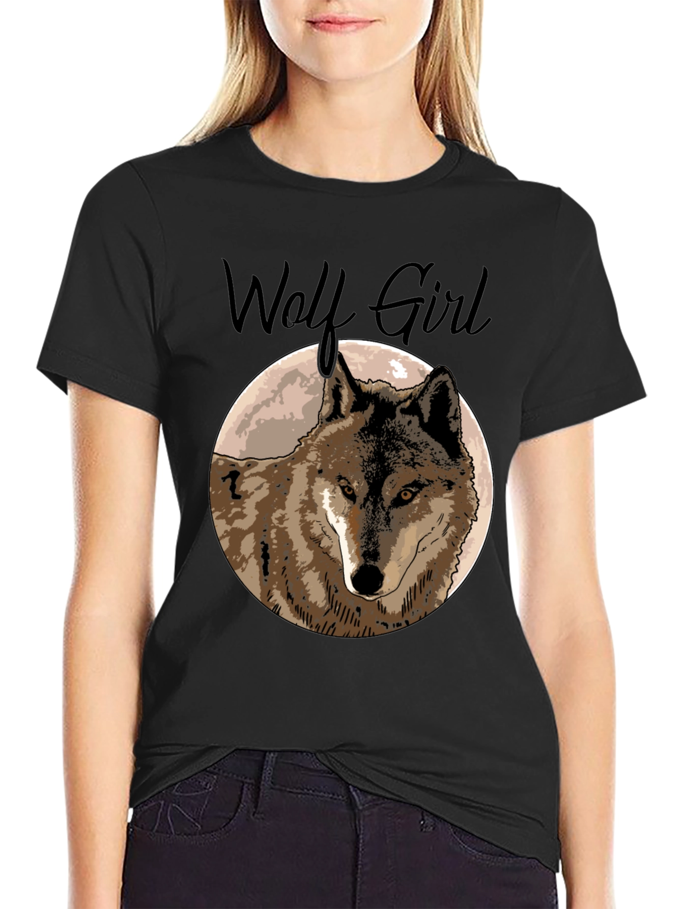 Black Wolf Girl Graphic Tee - Black Cotton T-Shirt view 2