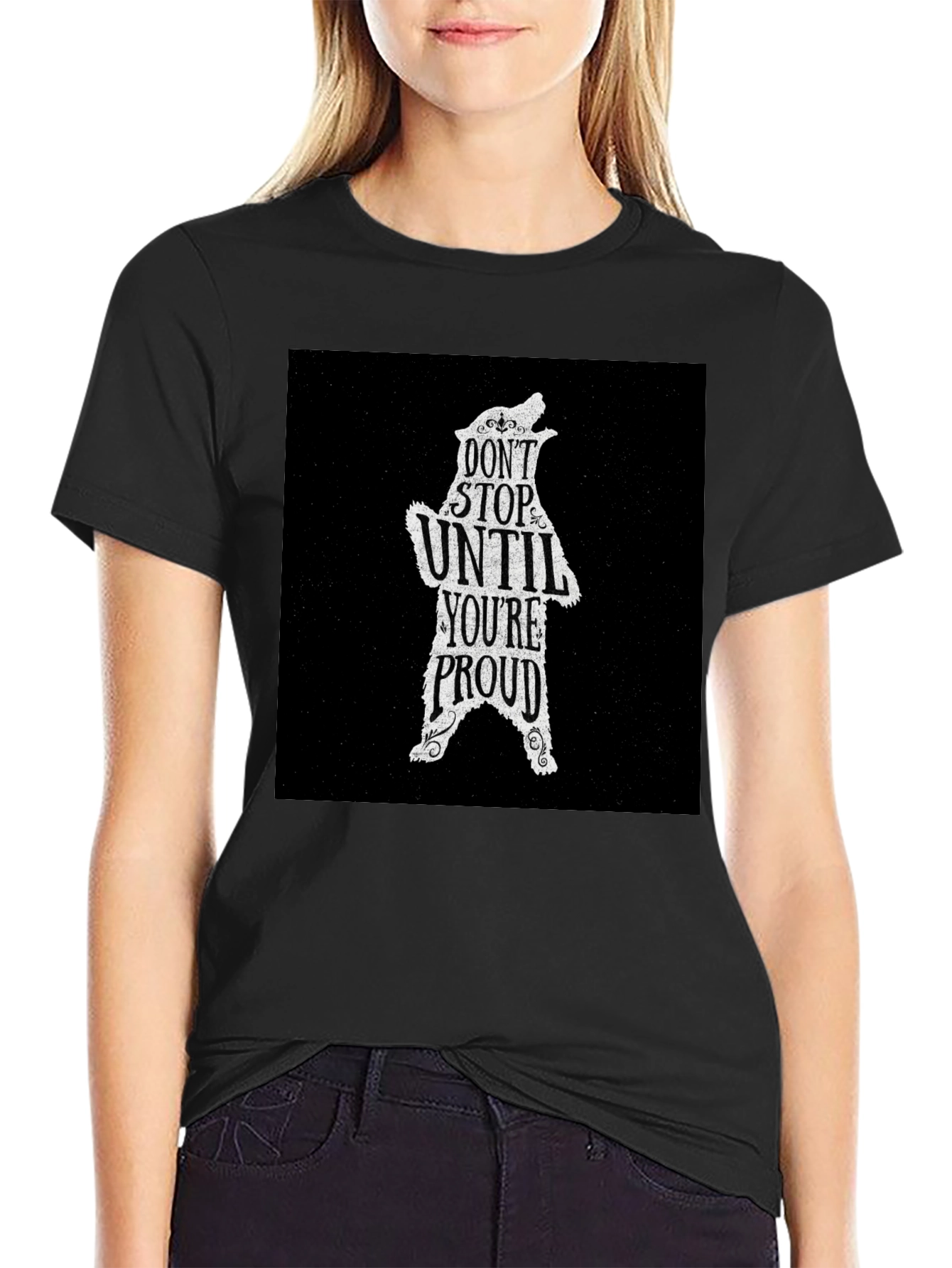 Black Motivational Bear Graphic T-Shirt - Don't Stop Until Proud view 2