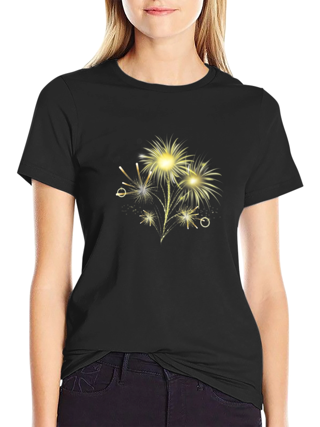 Black Festive Fireworks Graphic Tee - Black Cotton Blend view 2
