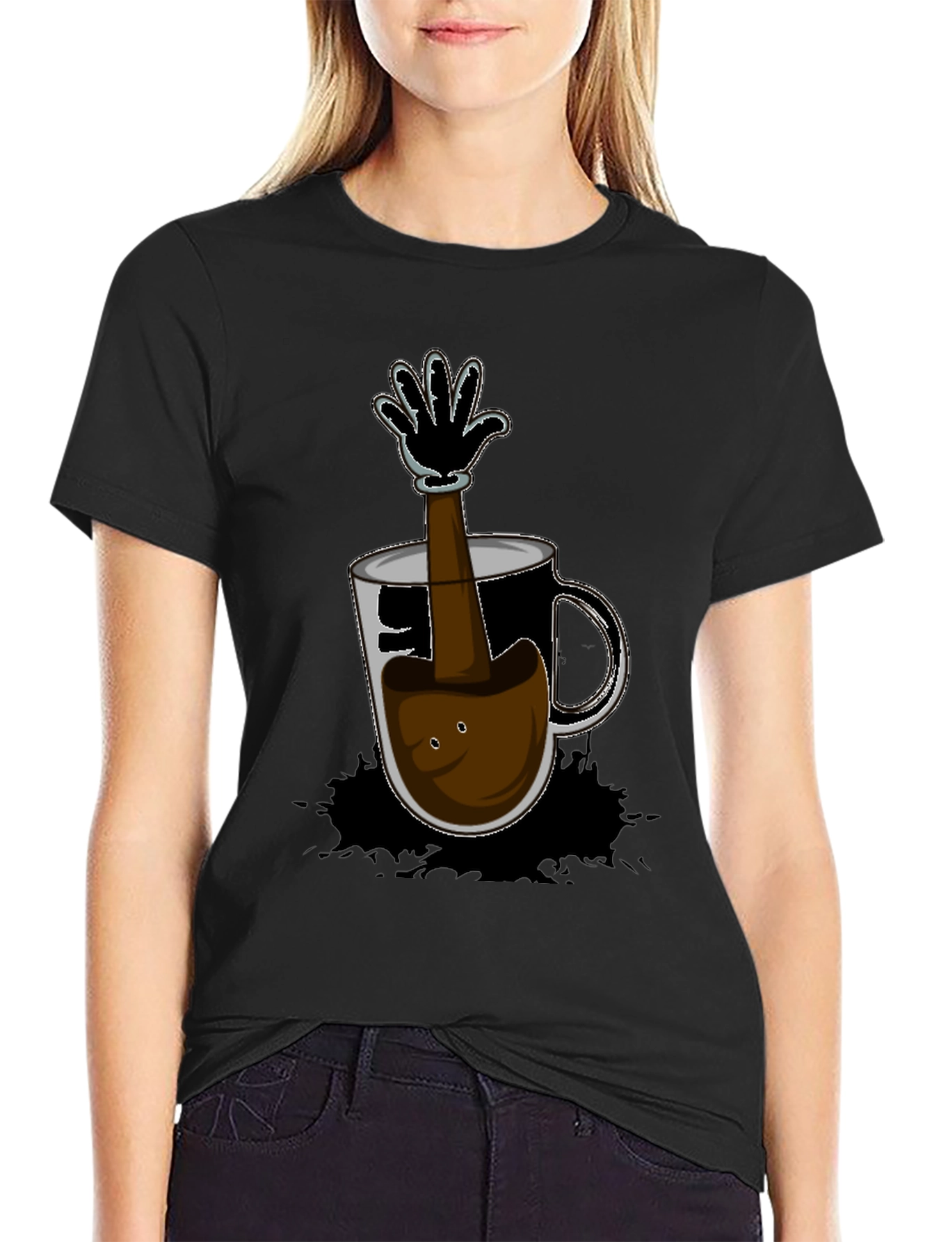 Black Cartoon Coffee Hand T-Shirt - Unique Graphic Tee view 2