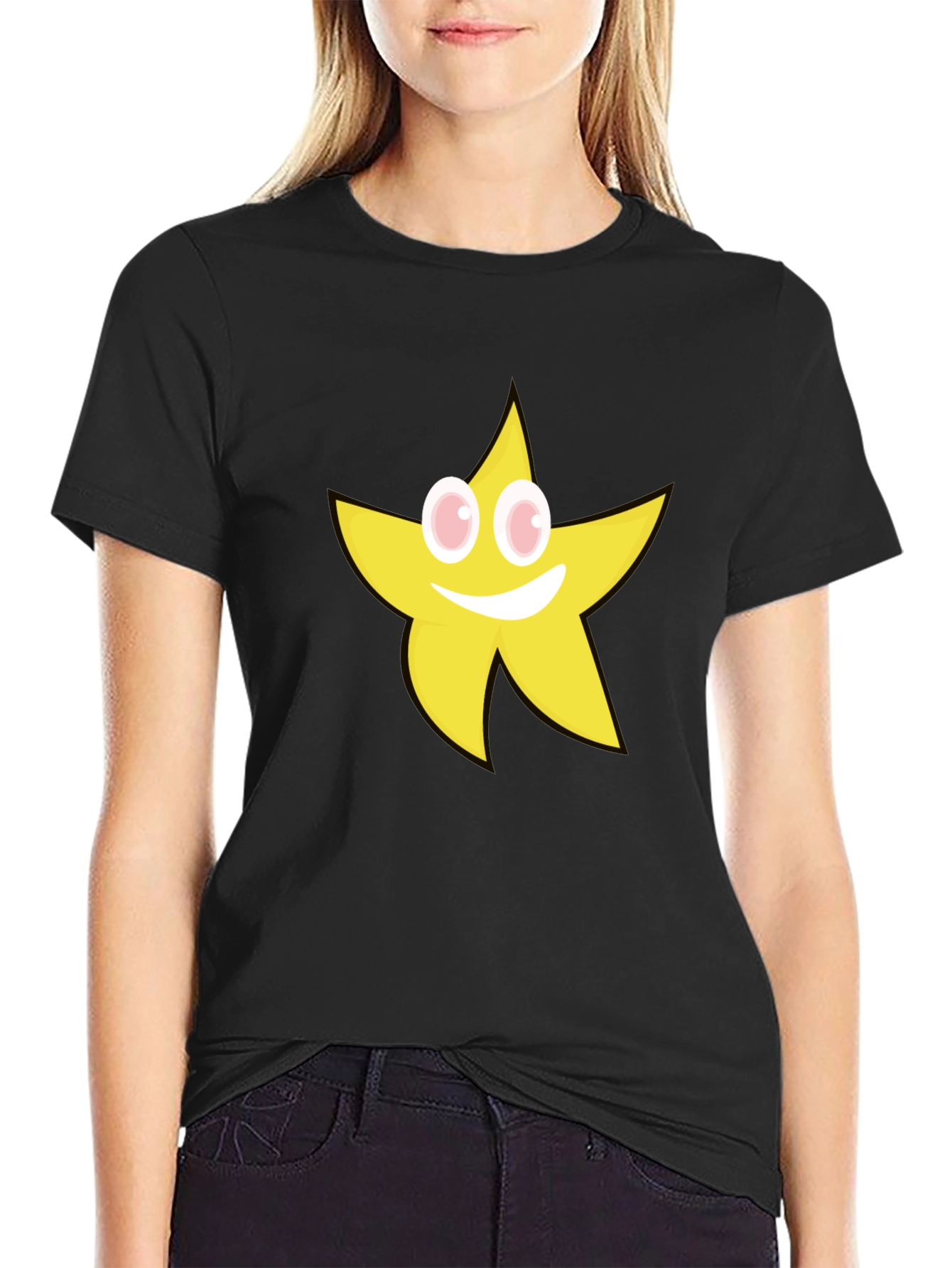 Black Smiling Star Graphic T-Shirt - Black Cotton Tee view 2