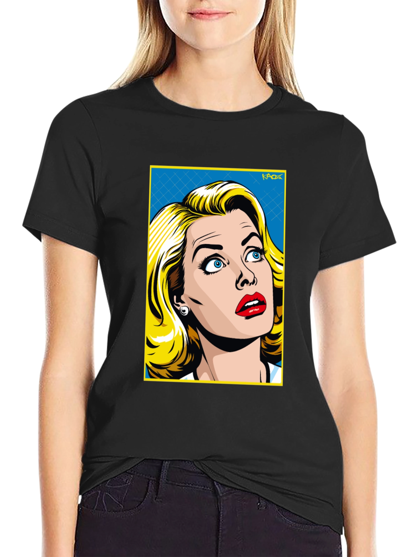 Black Retro Pop Art Woman T-Shirt - Black Cotton Tee view 2