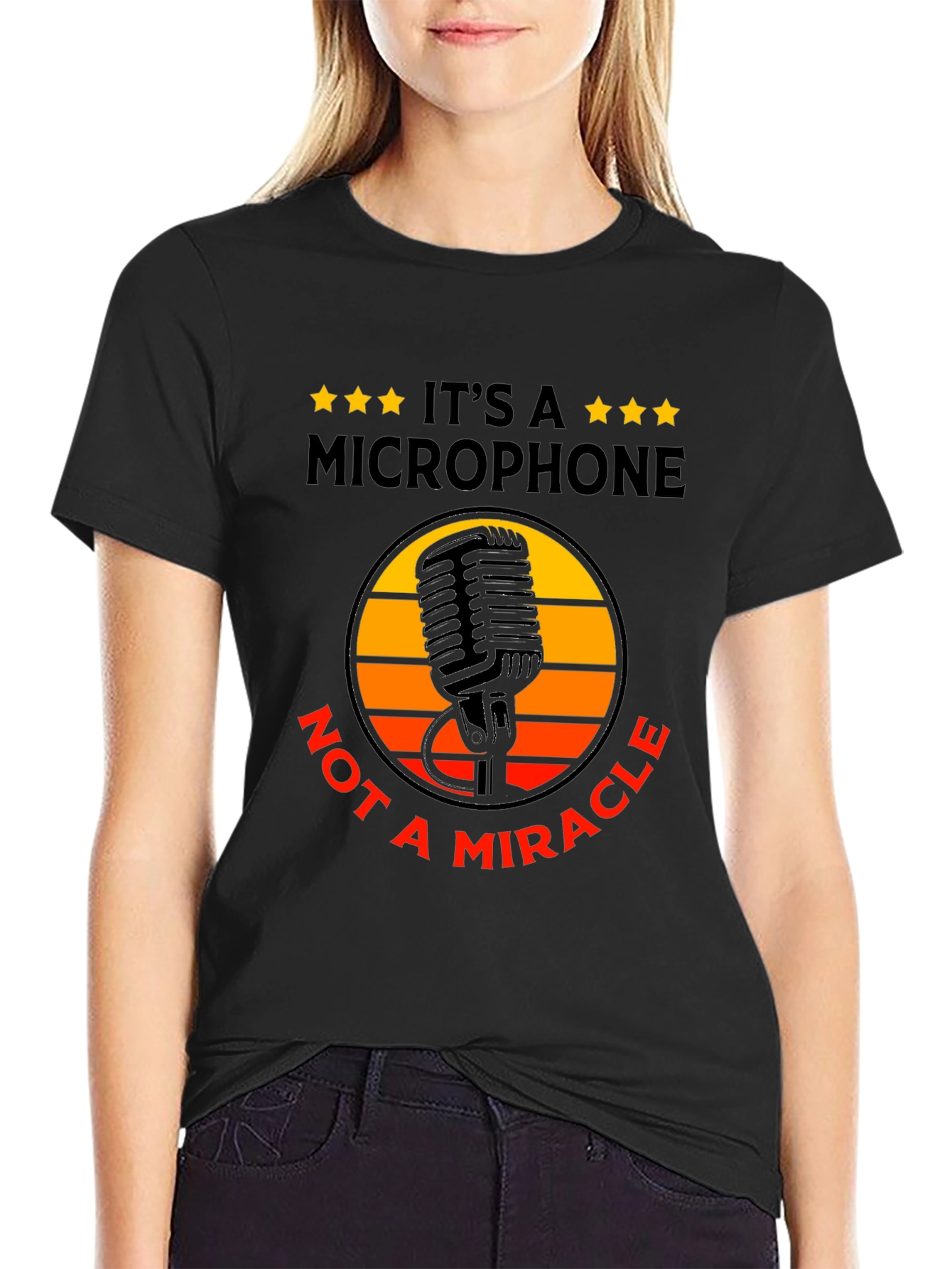 Black Retro Microphone Graphic Tee -  "It's a Microphone, Not a Miracle" view 2