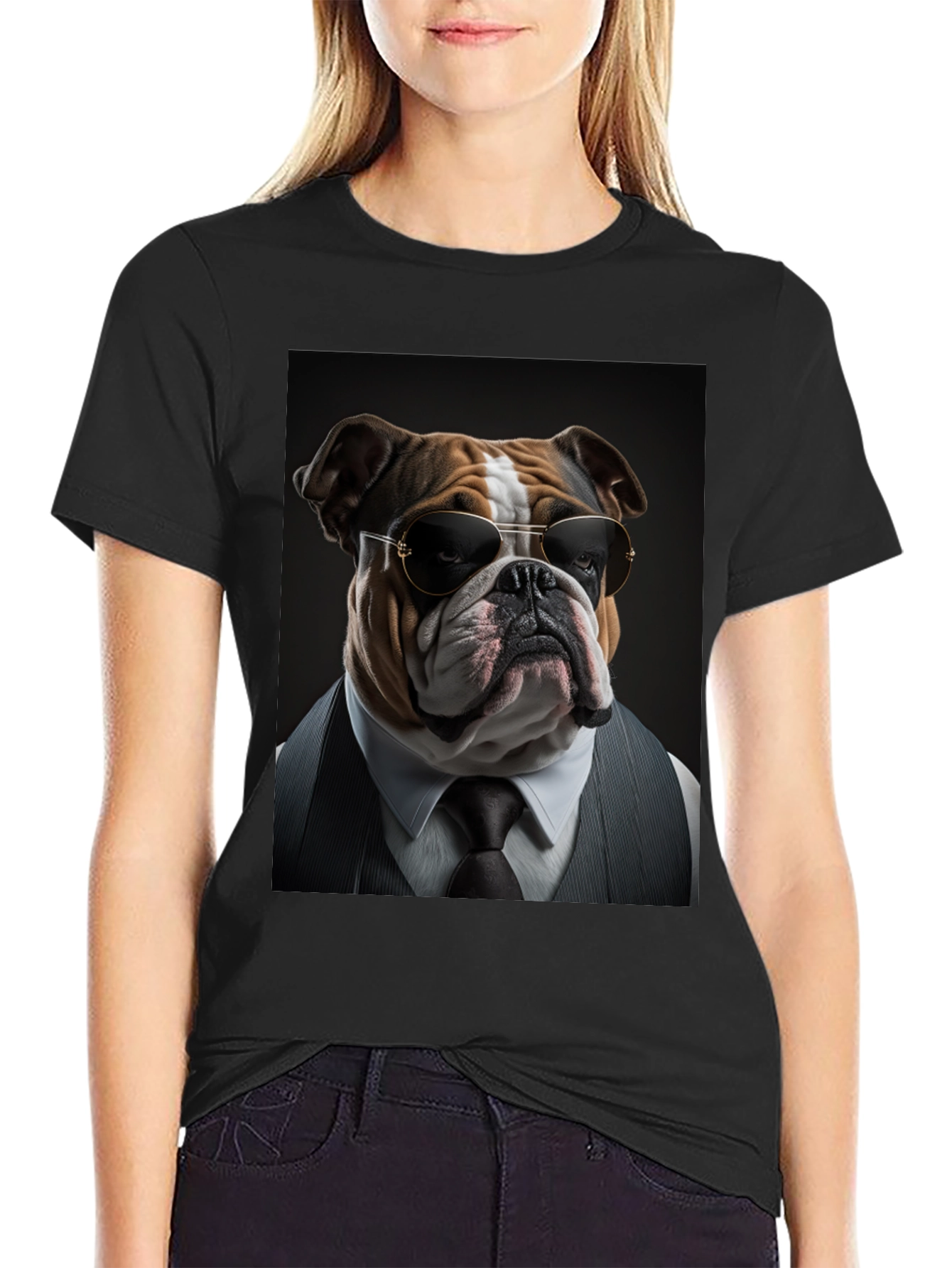 Black Bulldog Boss T-Shirt: Cool Dog in Suit! view 2