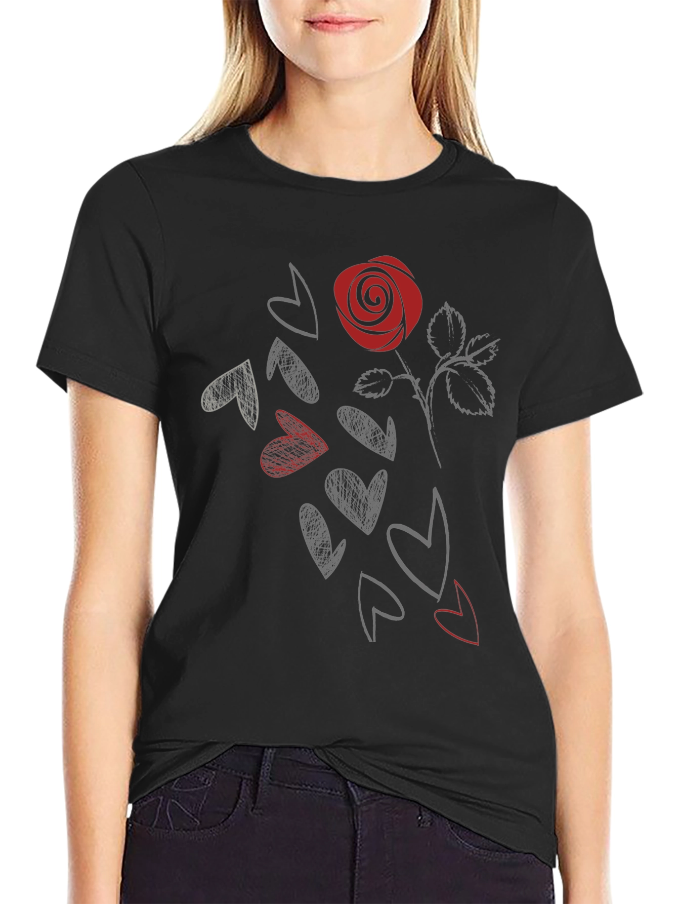 Black Rose & Hearts Graphic Tee - Stylish Black T-Shirt view 2