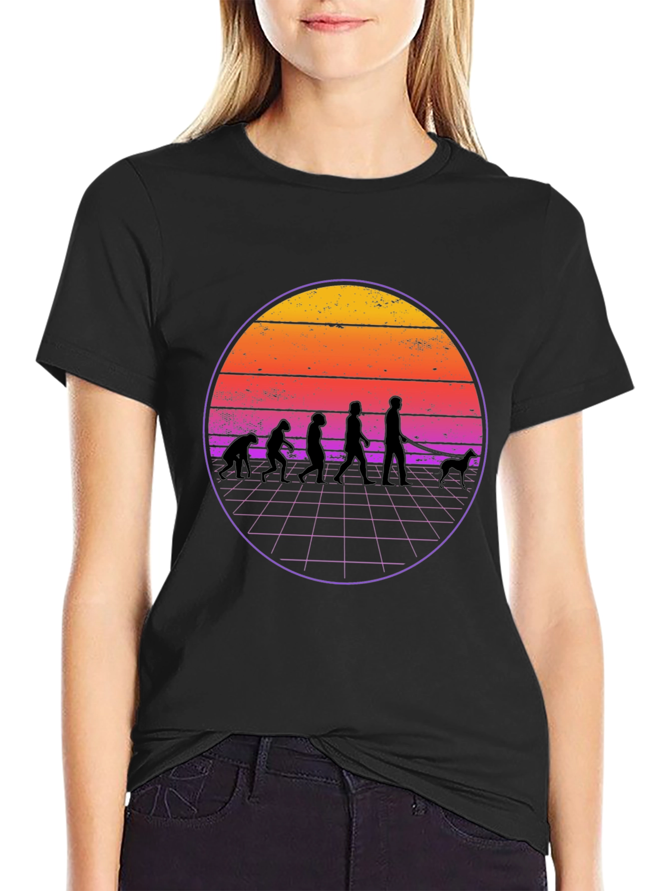 Black Retro Evolution Dog Walker Black T-Shirt view 2