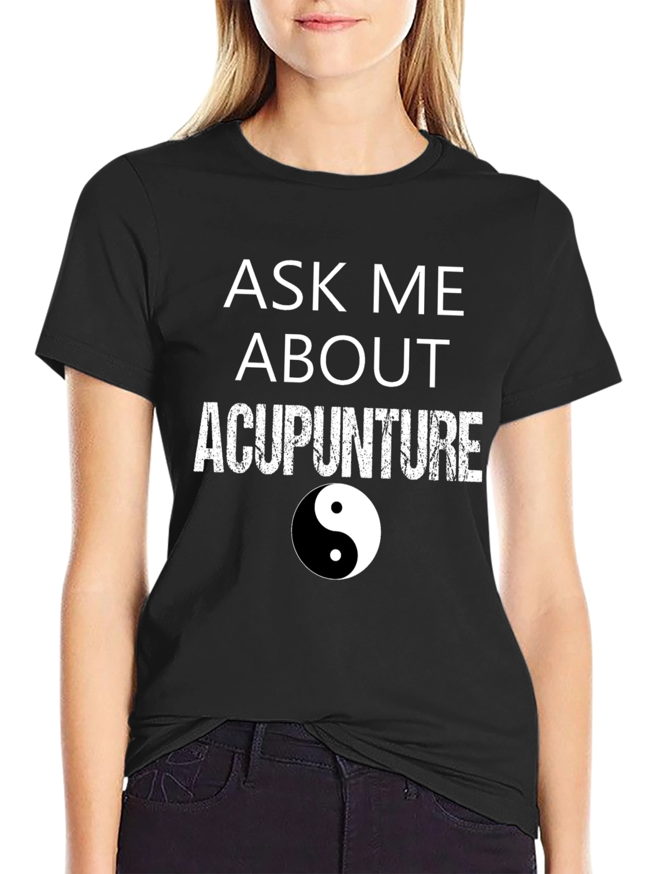 Black Ask Me About Acupuncture T-Shirt - Yin Yang Design view 2