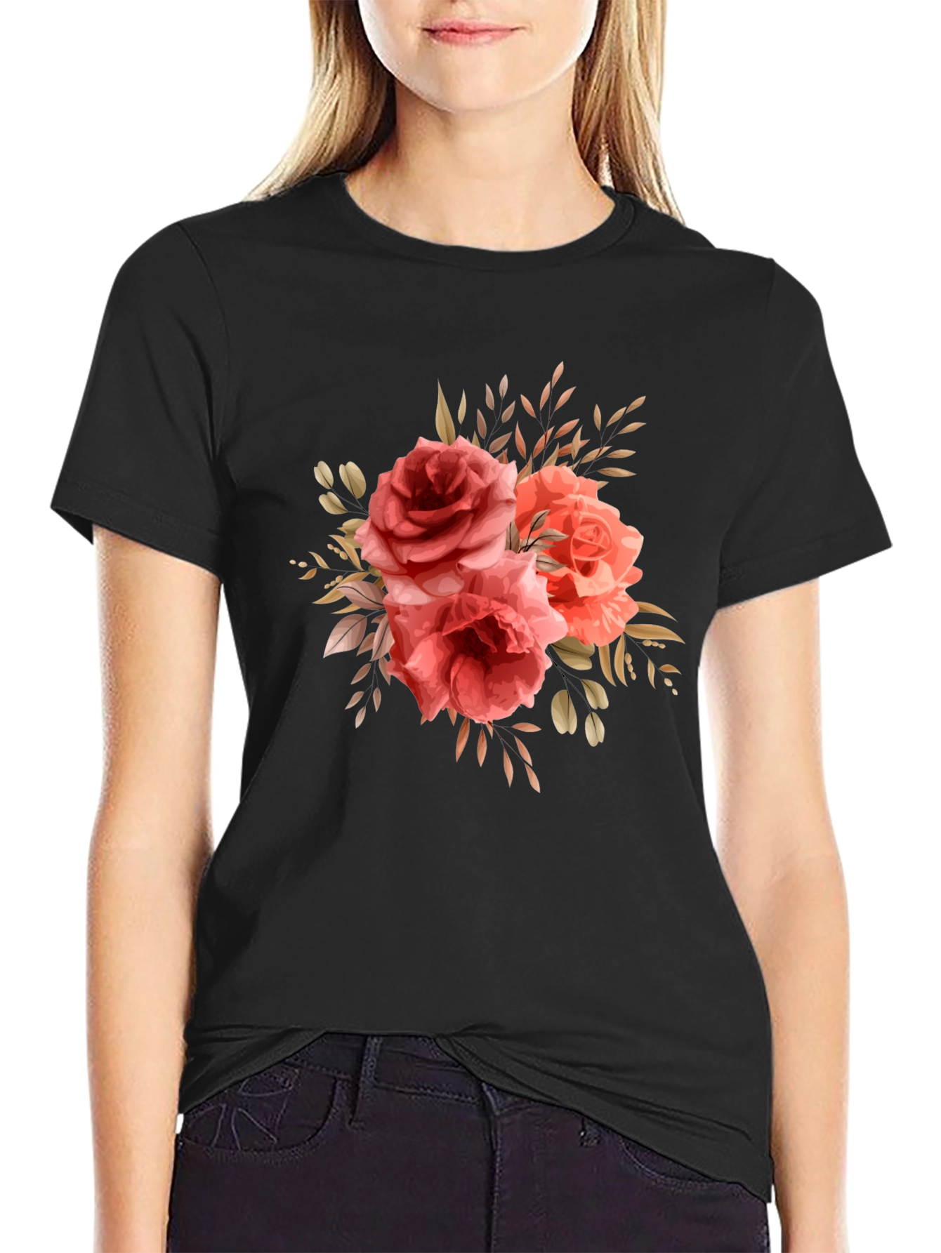 Black Floral Roses Graphic Print Black T-Shirt view 2