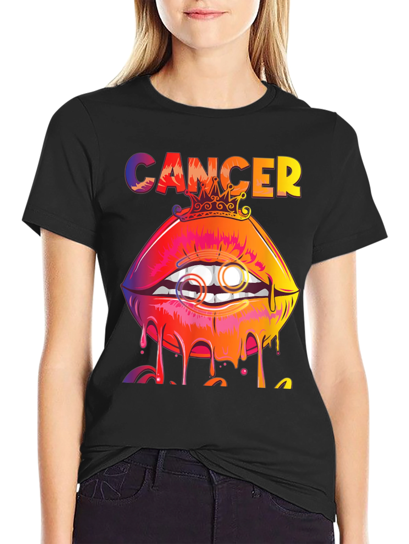 Black Cancer Zodiac Lips Graphic T-Shirt view 2